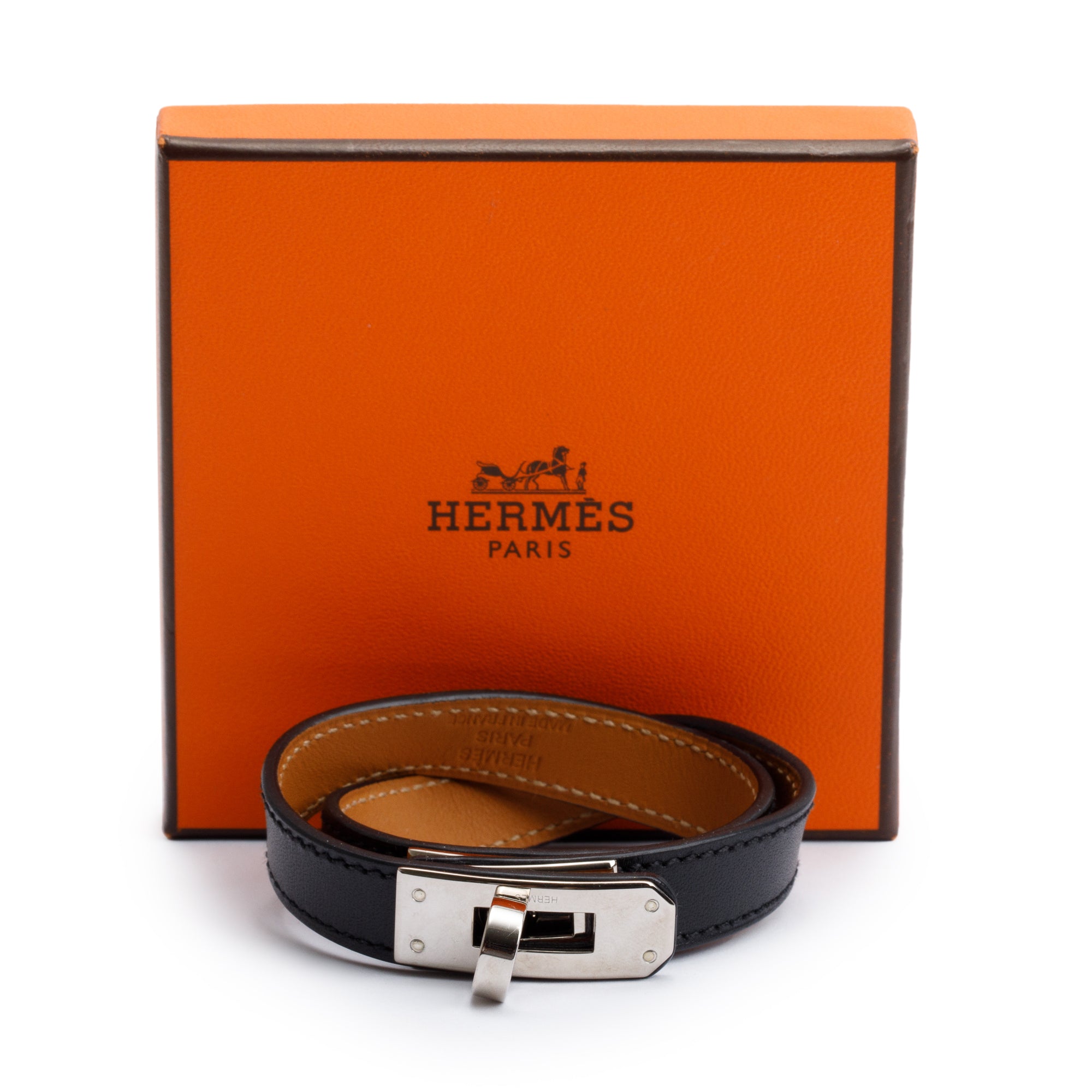 Hermes Palladium Plated Black Leather Kelly Double Tour Bracelet, Size S w/ Box