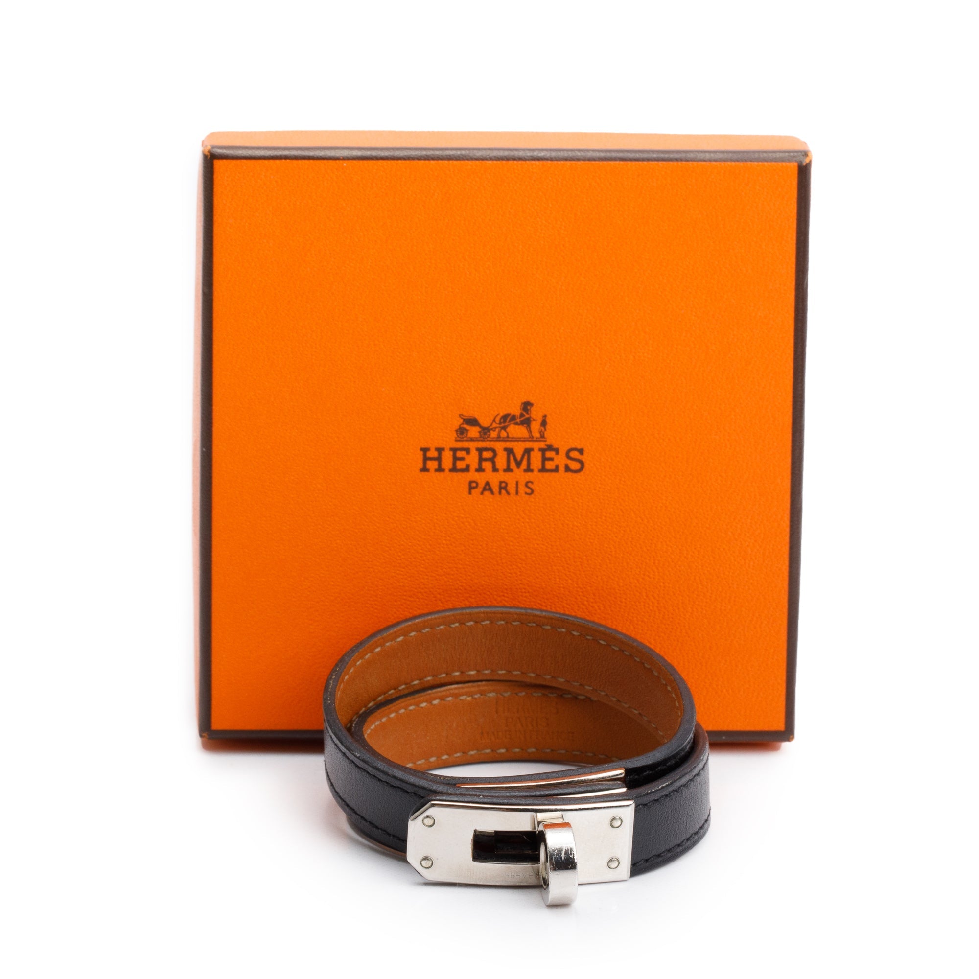 Hermes Palladium Plated Black Leather Kelly Double Tour Bracelet, Size S w/ Box