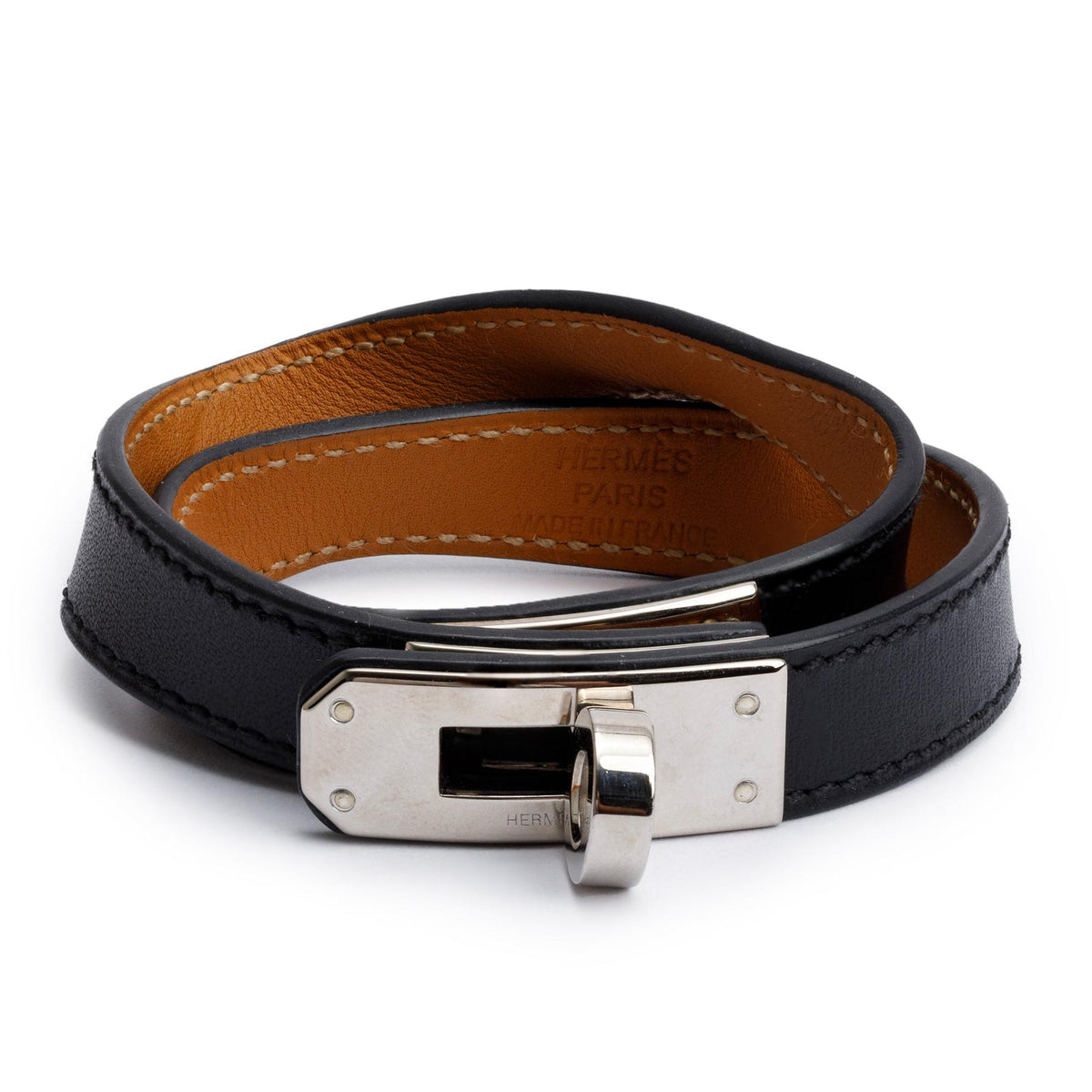 Hermes Palladium Plated Black Leather Kelly Double Tour Bracelet