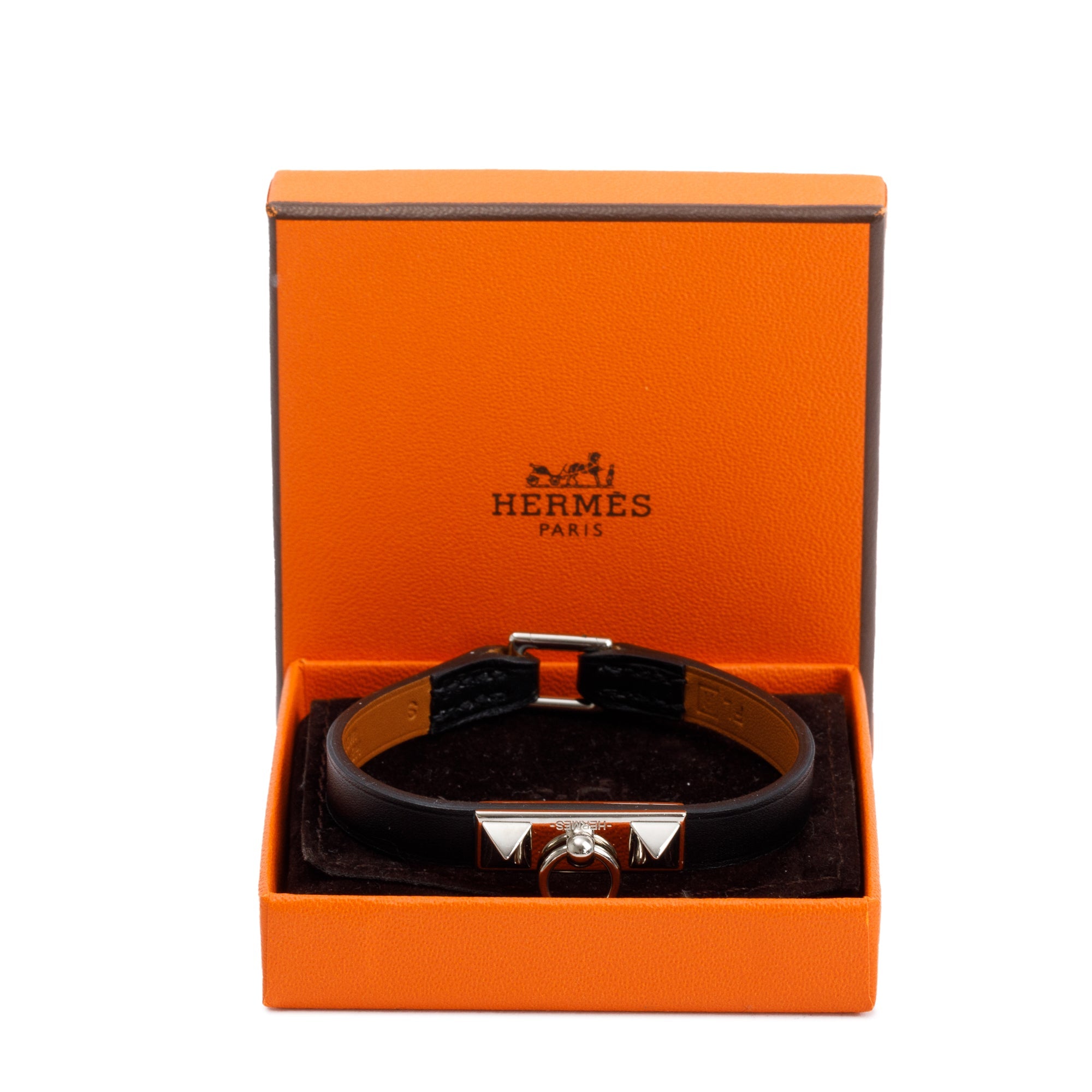 Hermes Palladium Plated Black Leather Rivale Mini Bracelet w/ Box