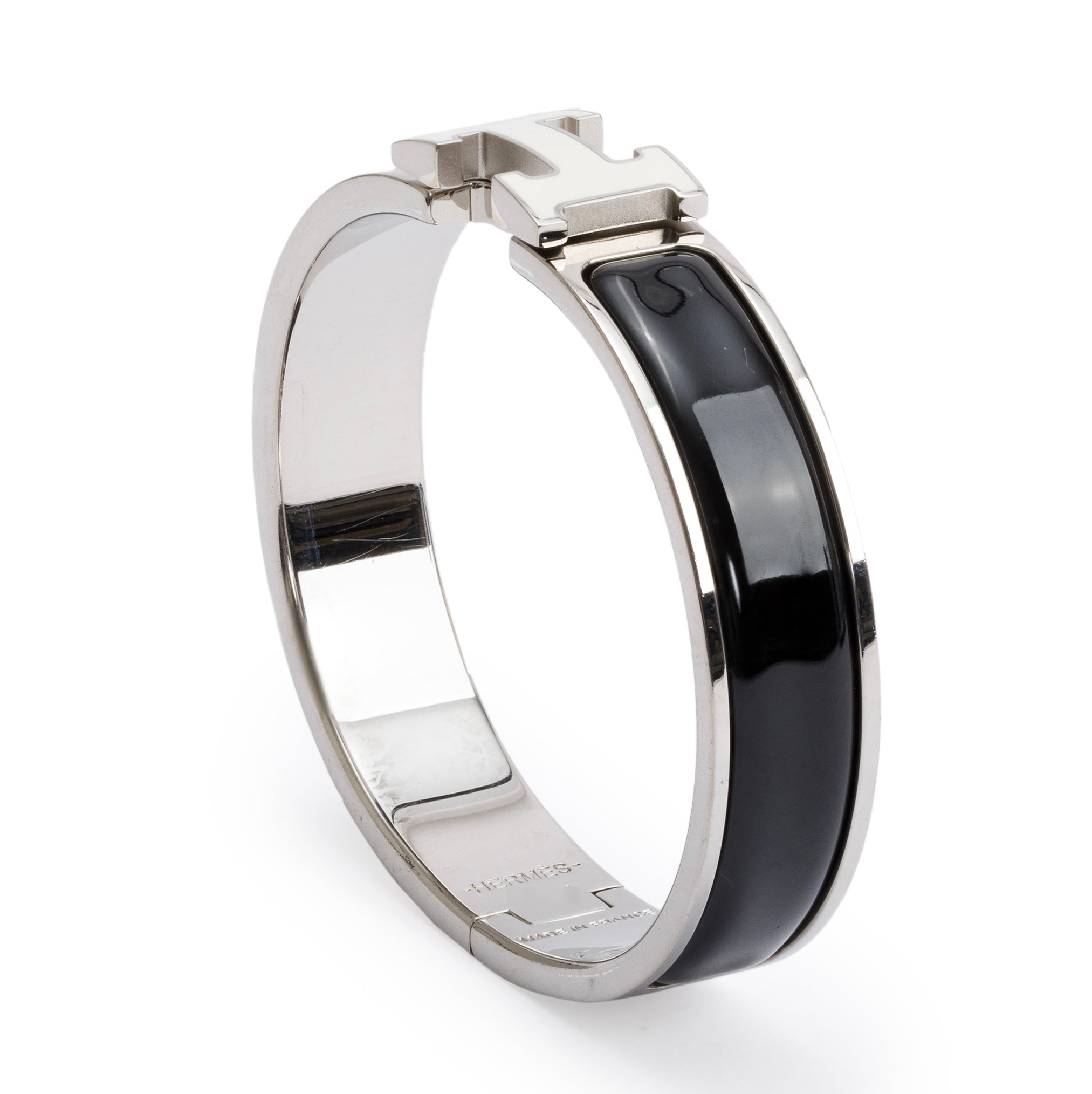 Hermes Palladium Plated Black & White Enamel 12 MM Clic H Bracelet w/ Box