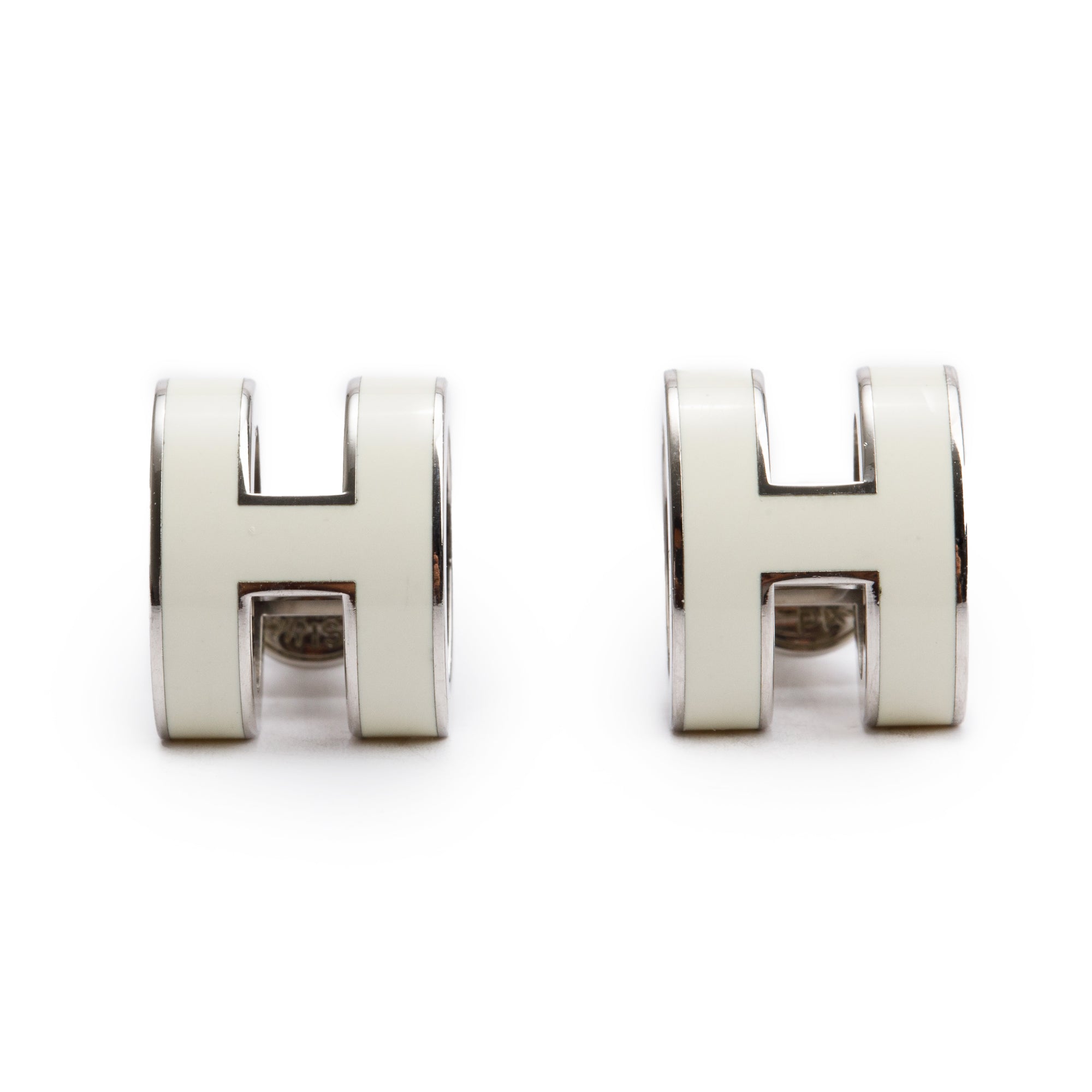 Hermes Palladium Plated Blanc Lacquered Pop H Earrings w/ Box