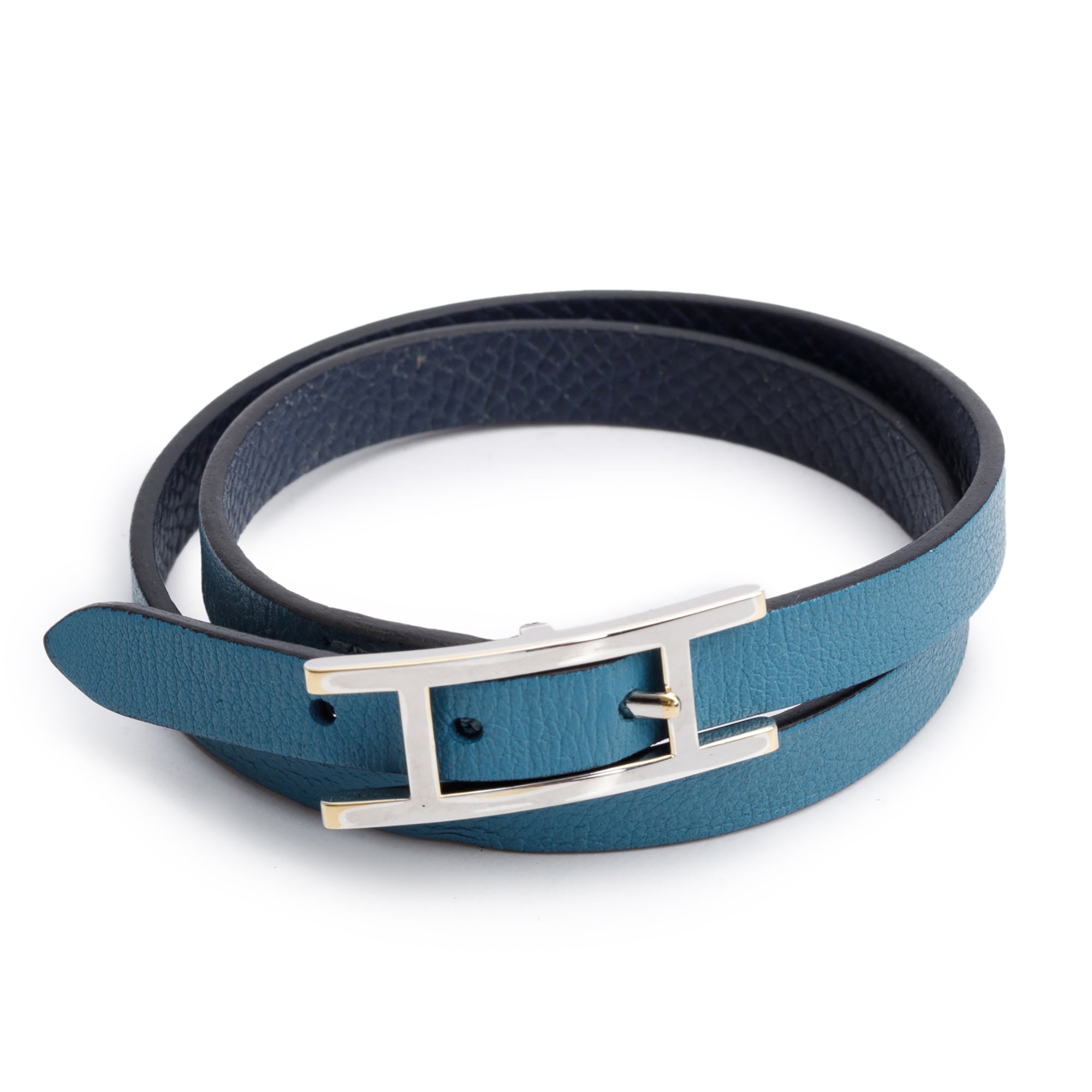 Hermes Palladium Plated Bleu Jean/Bleu Navy Leather Behapi Double Tour Bracelet