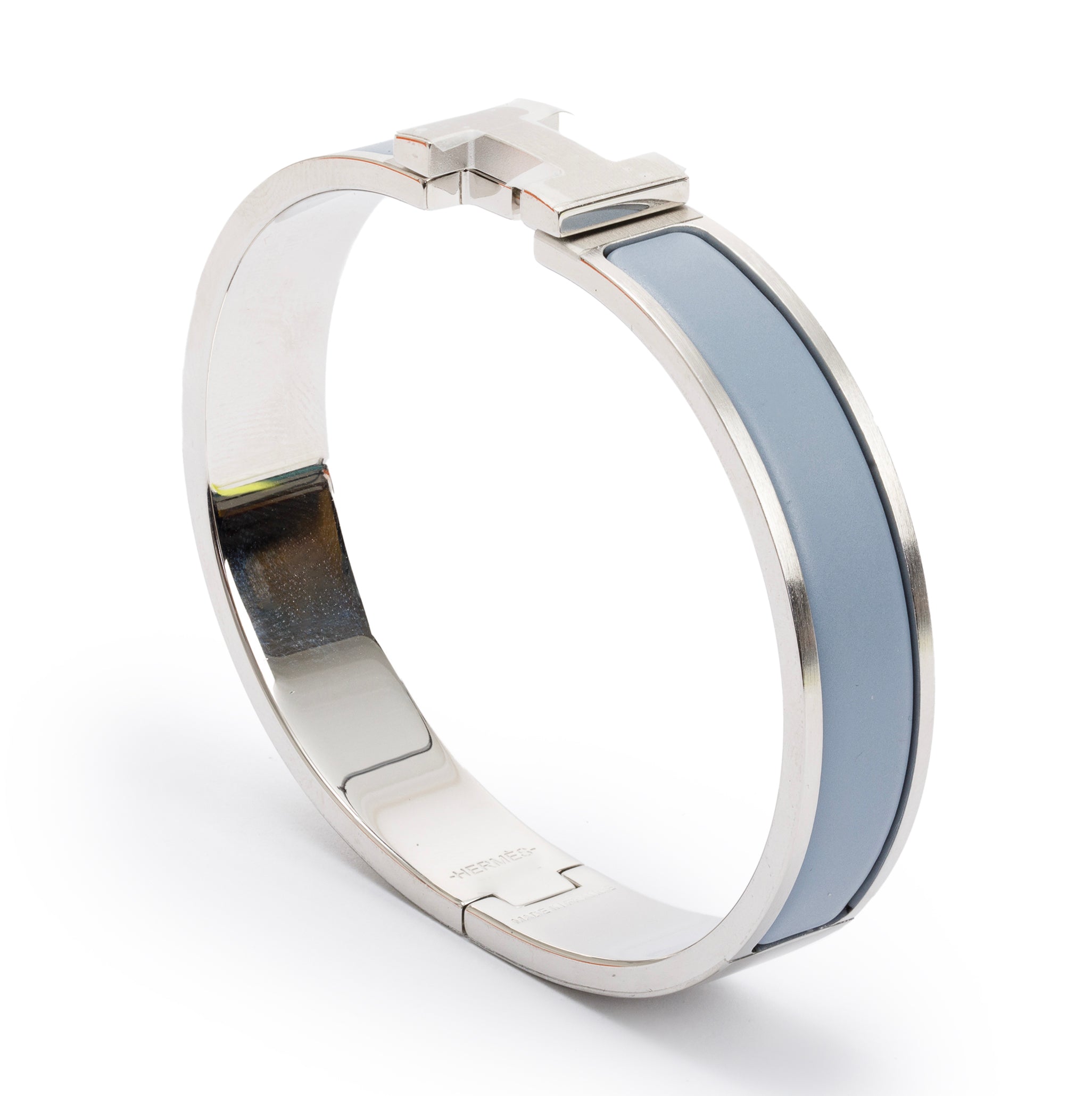 Hermes Palladium Plated Bleu Lin Mat Enamel 12 MM Clic HH Bracelet w/ Box