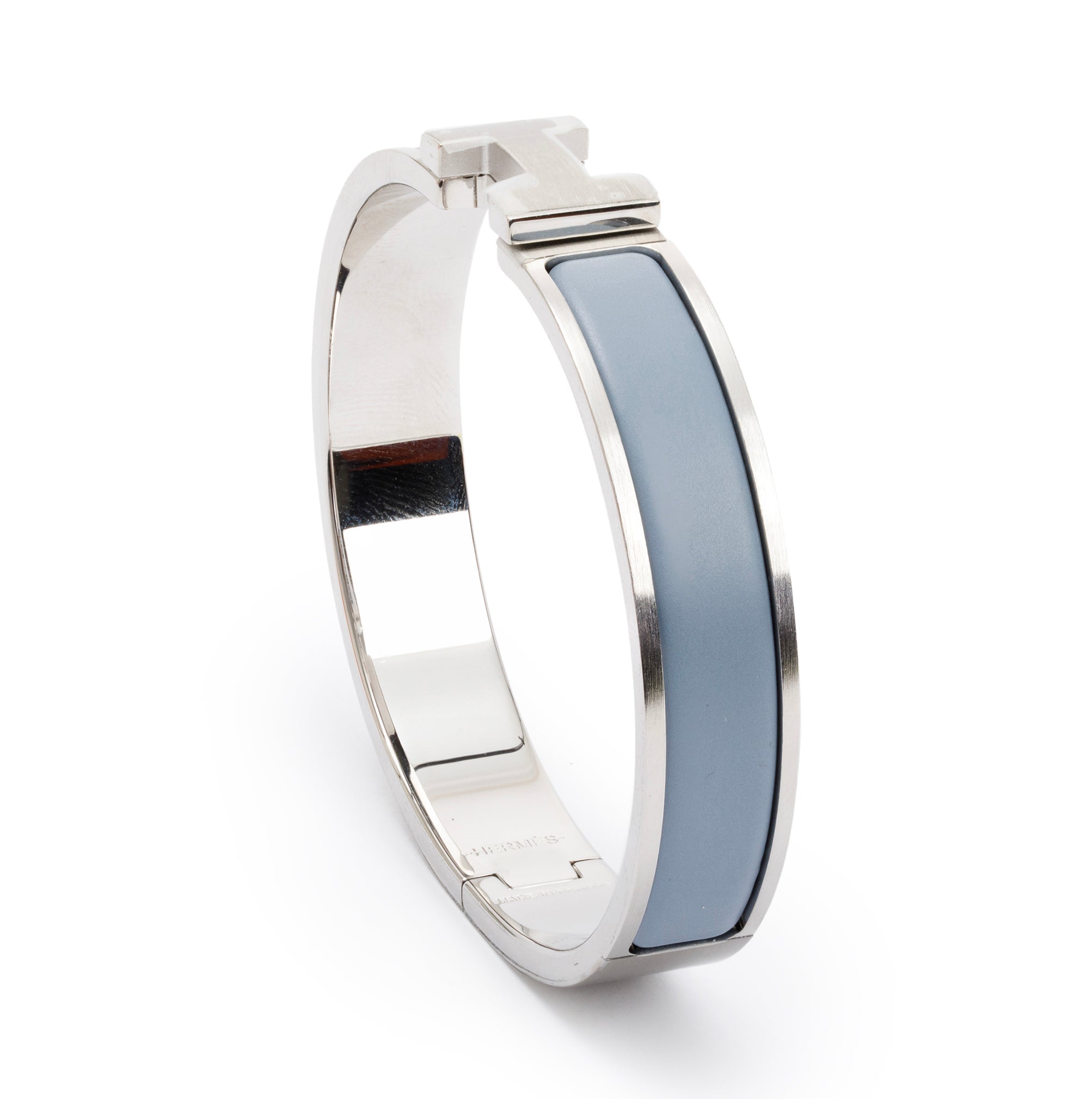 Hermes Palladium Plated Bleu Lin Mat Enamel 12 MM Clic HH Bracelet w/ Box