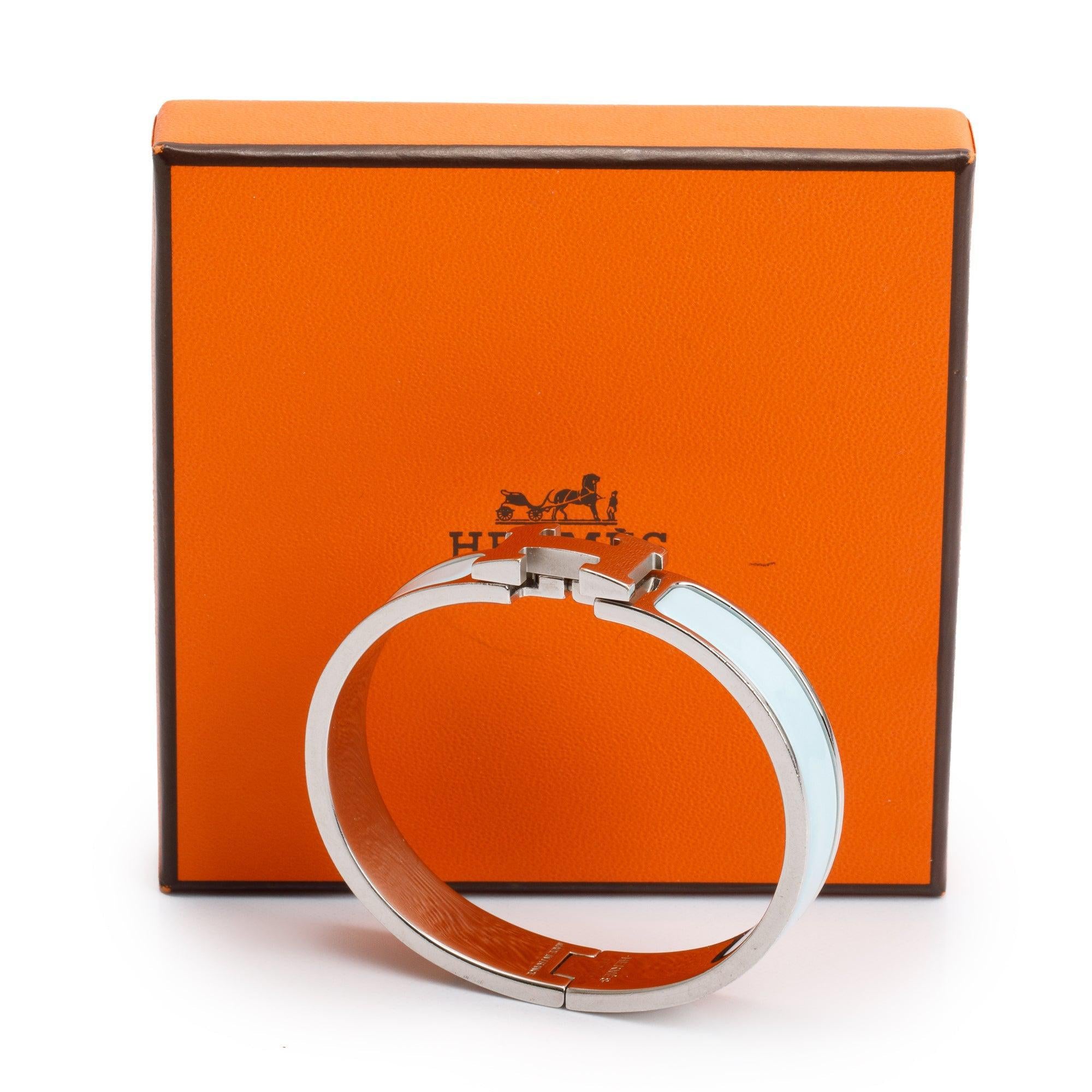 Hermes Palladium Plated Bleu Polaire Enamel 12 MM Clic H Bracelet w/ Box