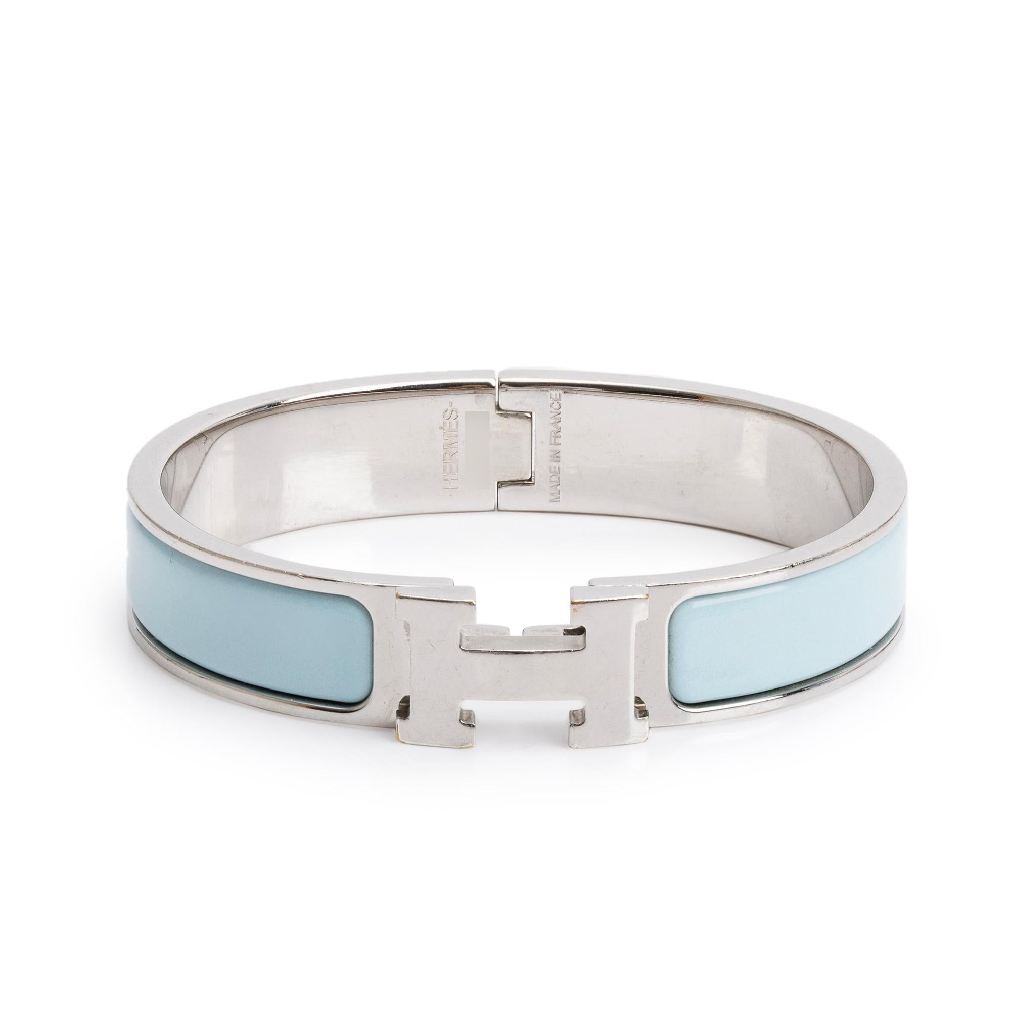 Hermes Palladium Plated Bleu Polaire Enamel 12 MM Clic H Bracelet w/ Box
