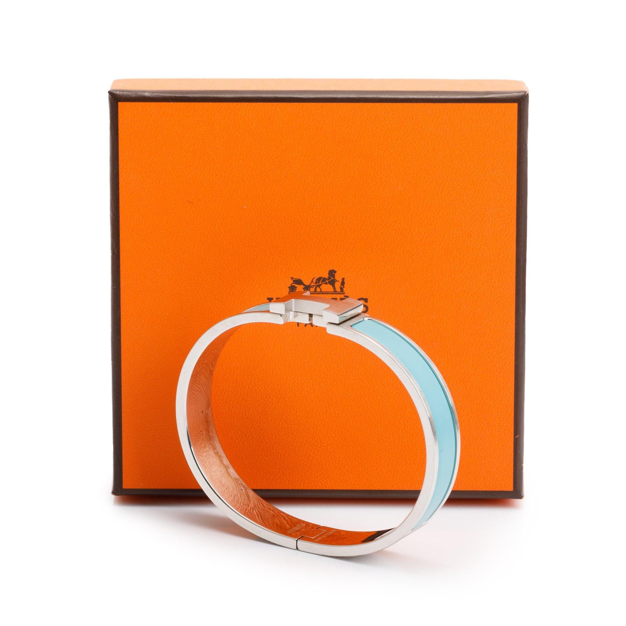 Hermes Palladium Plated Blue Matte Enamel 12 MM Clic HH Bracelet w/ Box