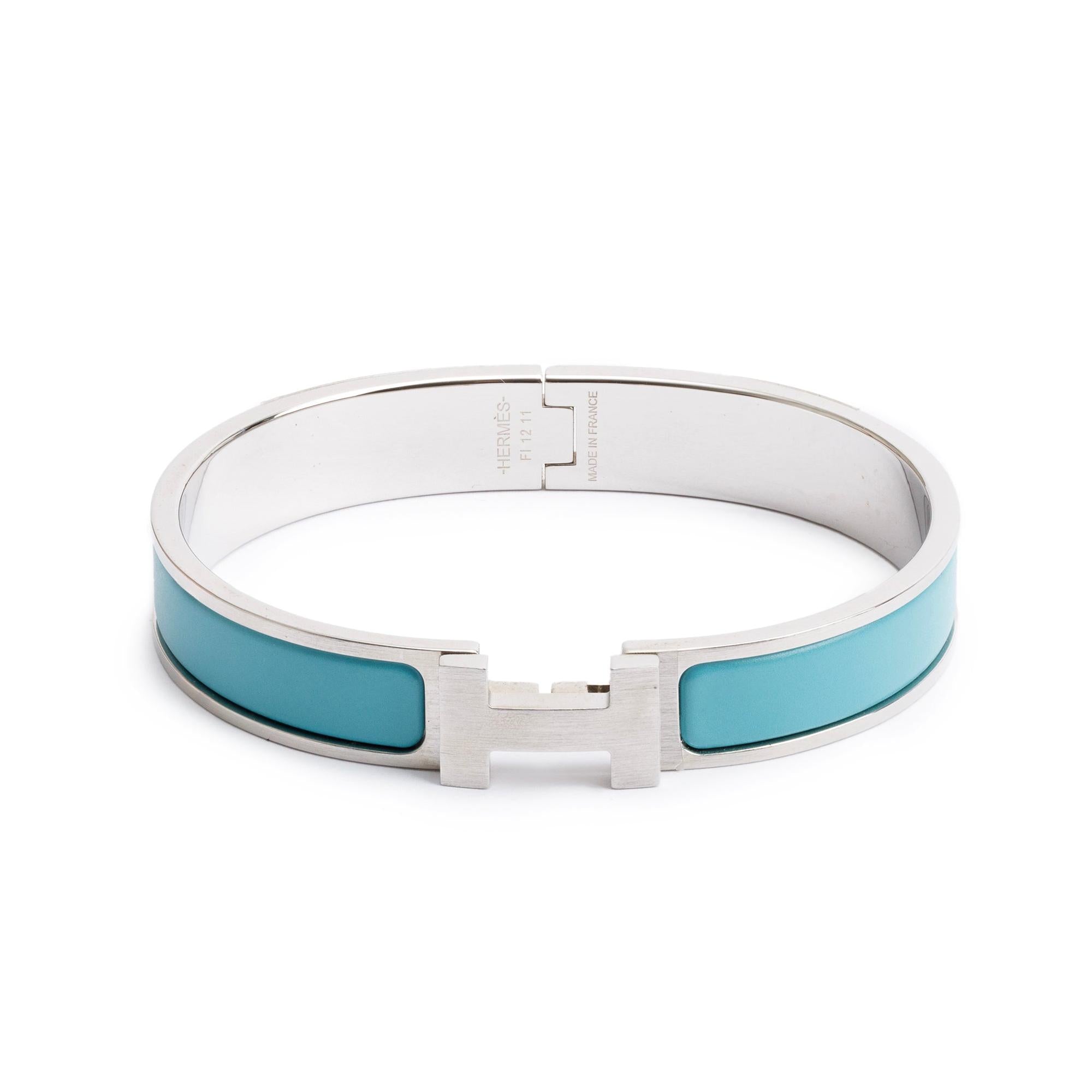 Hermes Palladium Plated Blue Matte Enamel 12 MM Clic HH Bracelet w/ Box