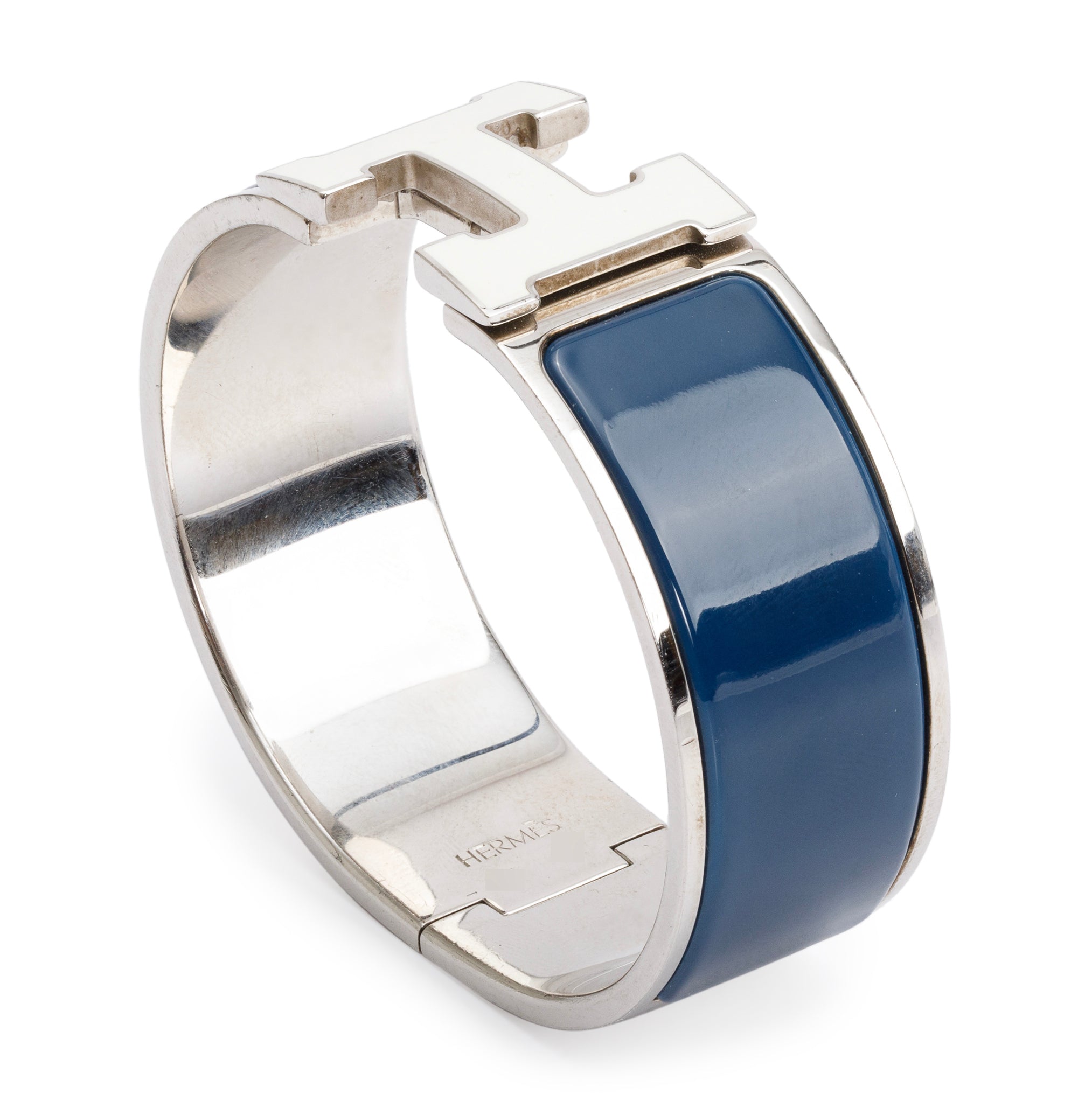 Hermes Palladium-Plated Blue & White Enamel Clic Clac H Bracelet