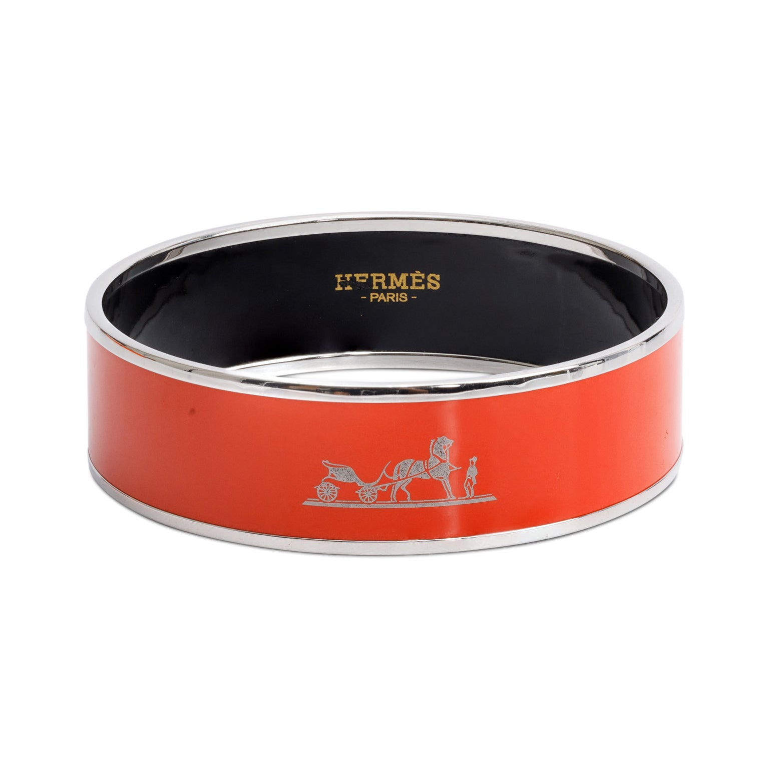 Hermes Palladium-Plated Caleche Orange Enamel Wide Bangle