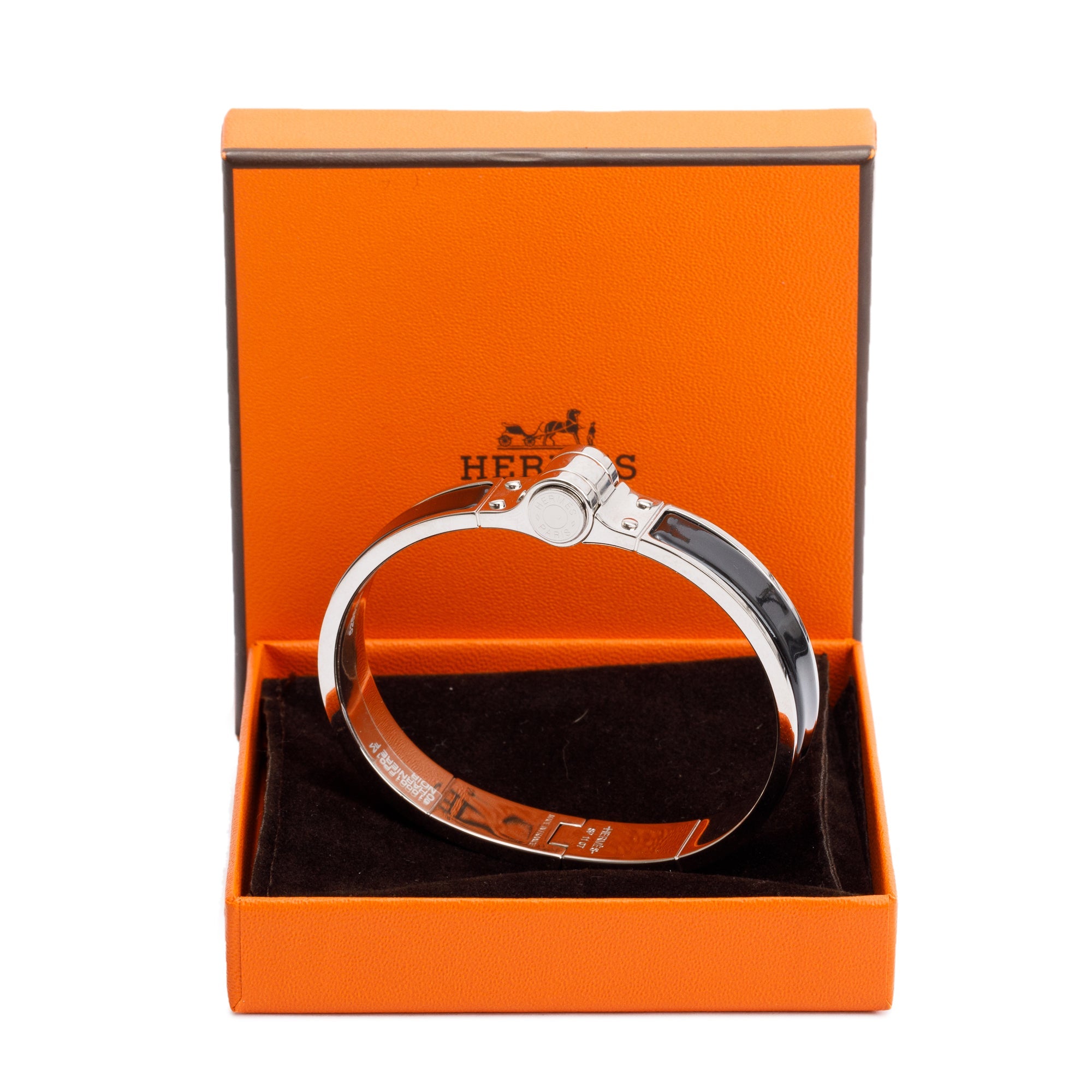 Hermes Palladium Plated Charnière Enamel Narrow Hinged Bracelet w/ Box