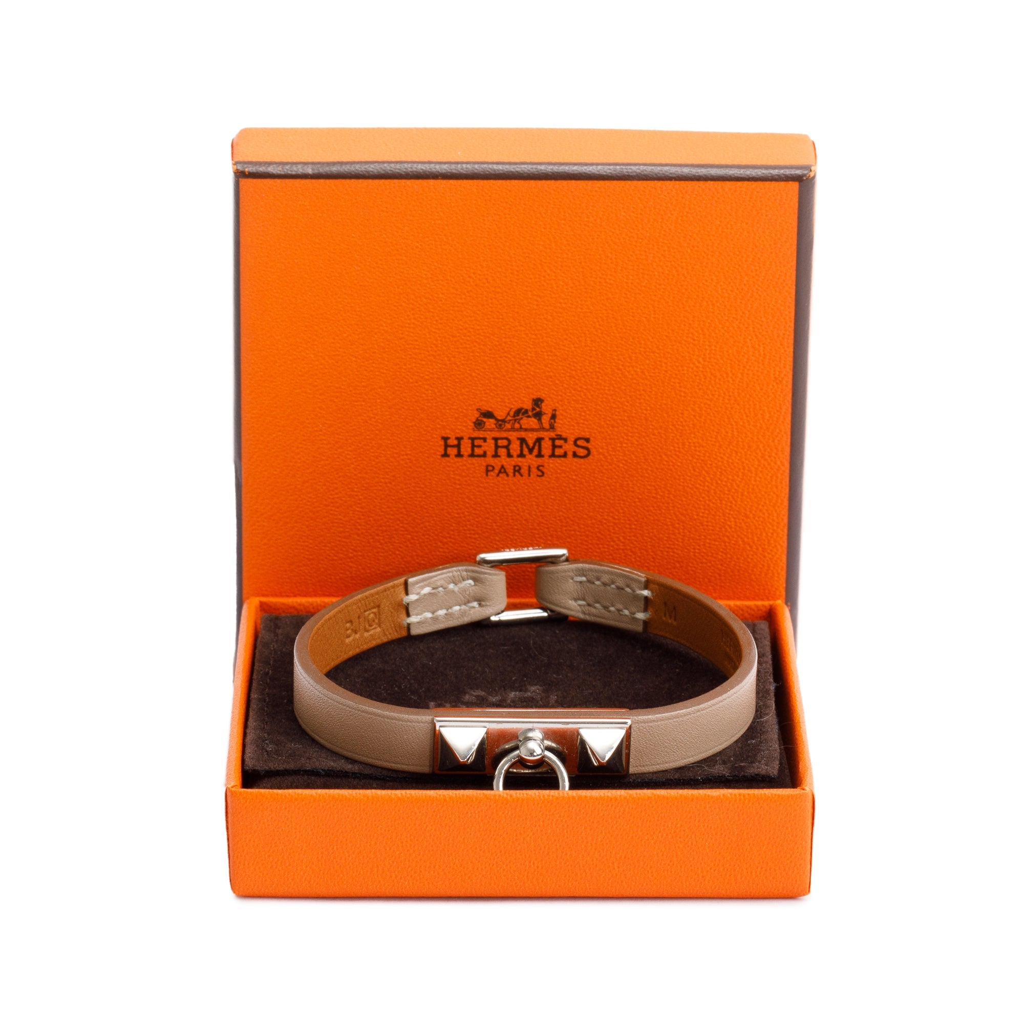 Hermes Palladium Plated Etoupe Leather Rivale Mini Bracelet w/ Box