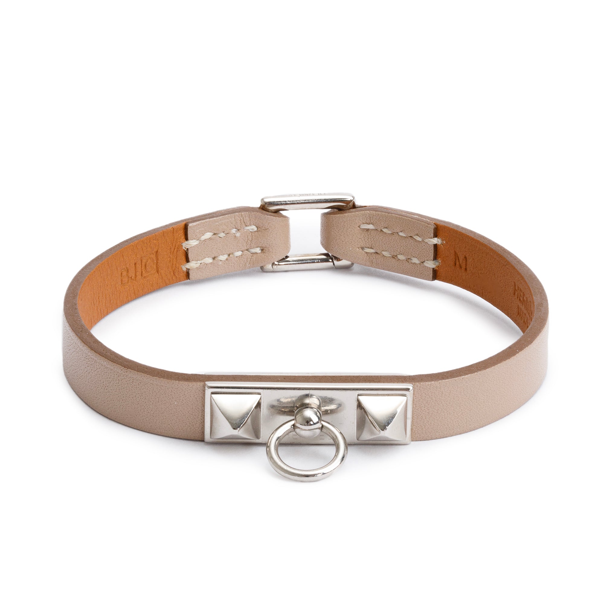 Hermes Palladium Plated Etoupe Leather Rivale Mini Bracelet w/ Box