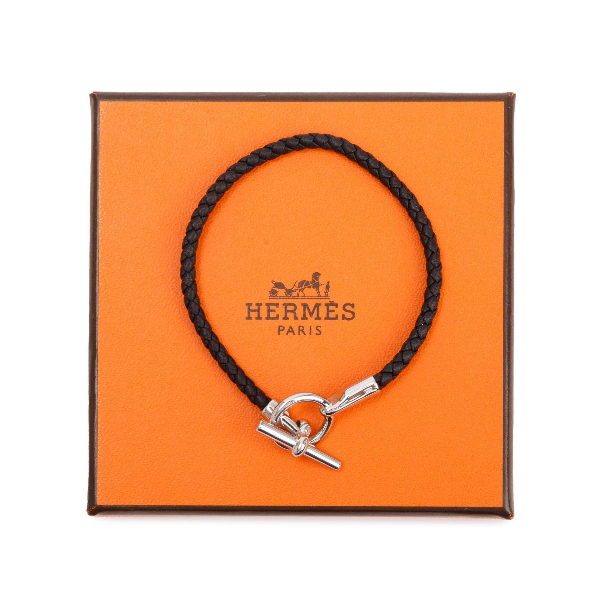 Hermes Palladium Plated Glenan H Black Braided Calfskin Leather Bracelet w/ Box