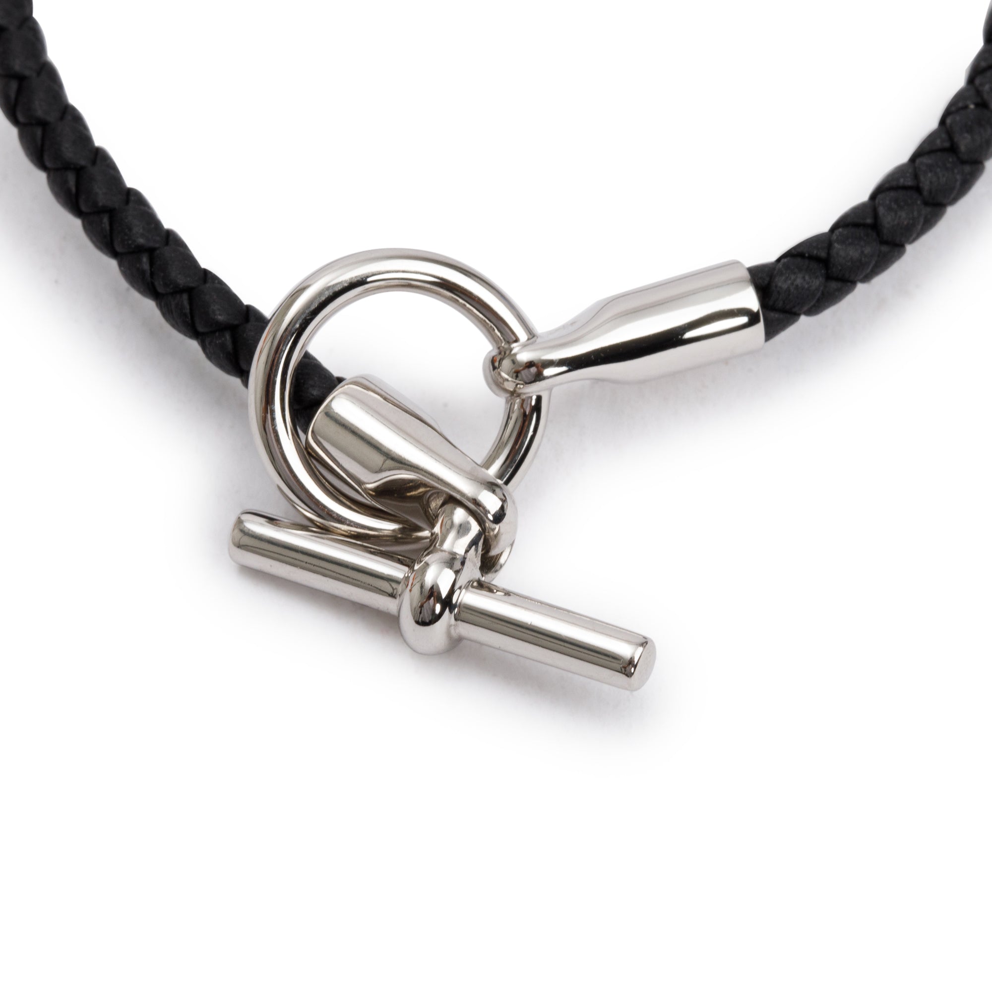 Hermes Palladium Plated Glenan H Black Braided Calfskin Leather Bracelet w/ Box