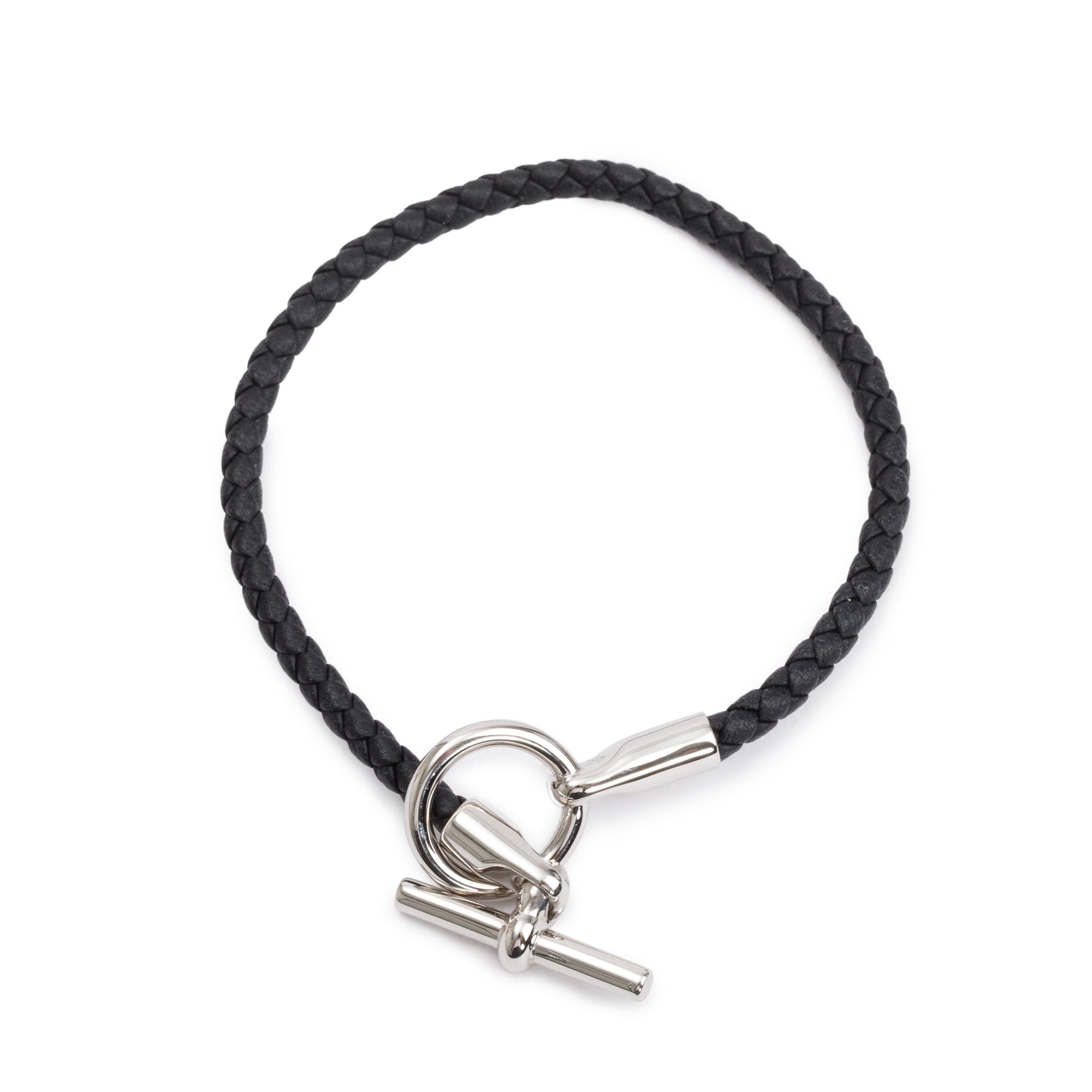 Hermes Palladium Plated Glenan H Black Braided Calfskin Leather Bracelet w/ Box