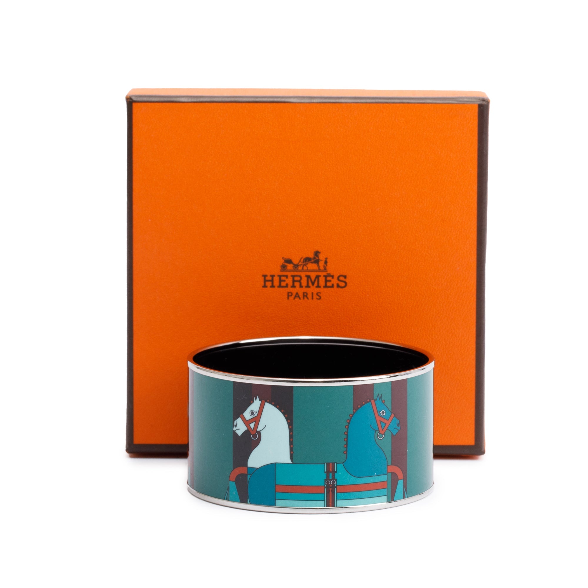 Hermes Palladium-Plated Green/Multicolor Enamel Extra Wide Bangle w/ Box