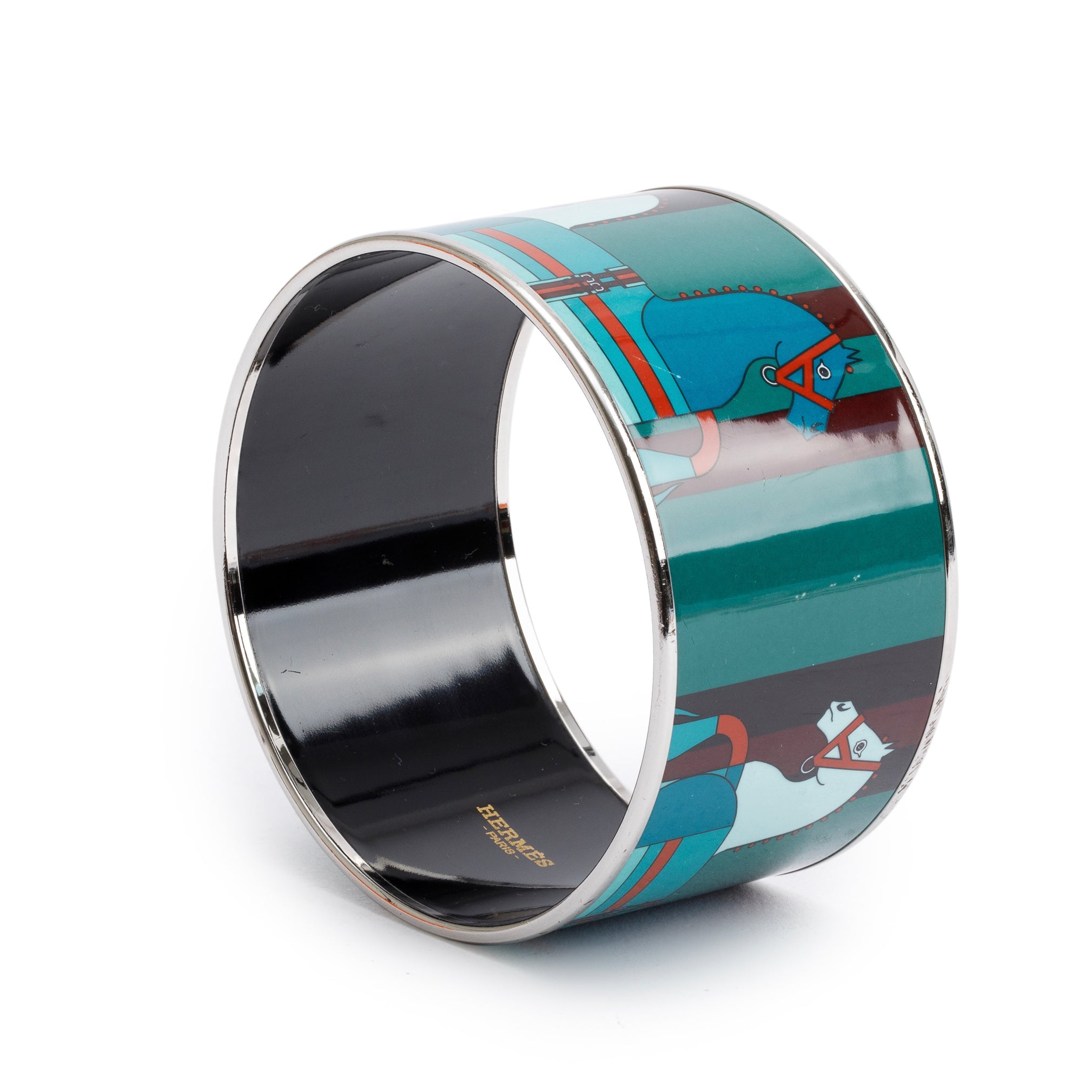 Hermes Palladium-Plated Green/Multicolor Enamel Extra Wide Bangle w/ Box
