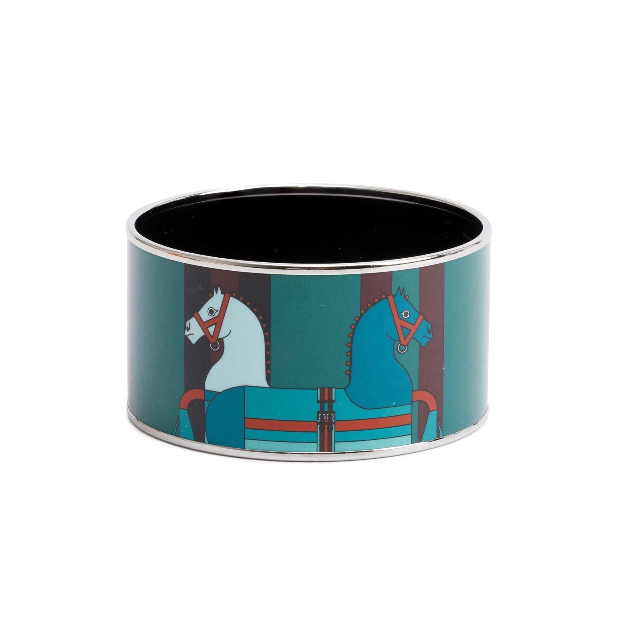 Hermes Palladium-Plated Green/Multicolor Enamel Extra Wide Bangle w/ Box