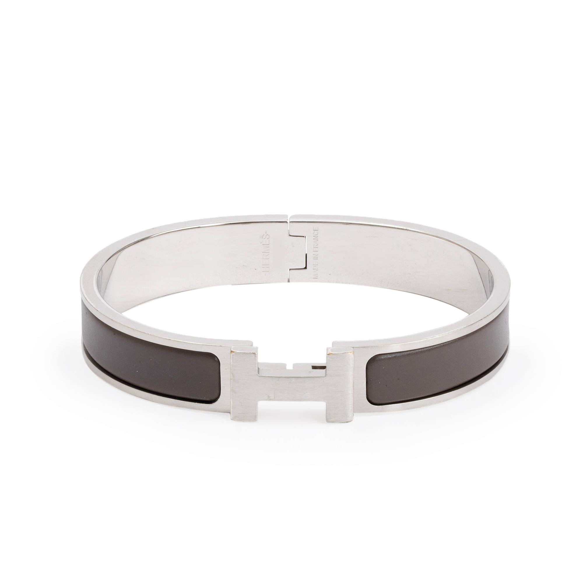 Hermes Palladium Plated Grey Mat Enamel 12 MM Clic HH Bracelet w/ Box
