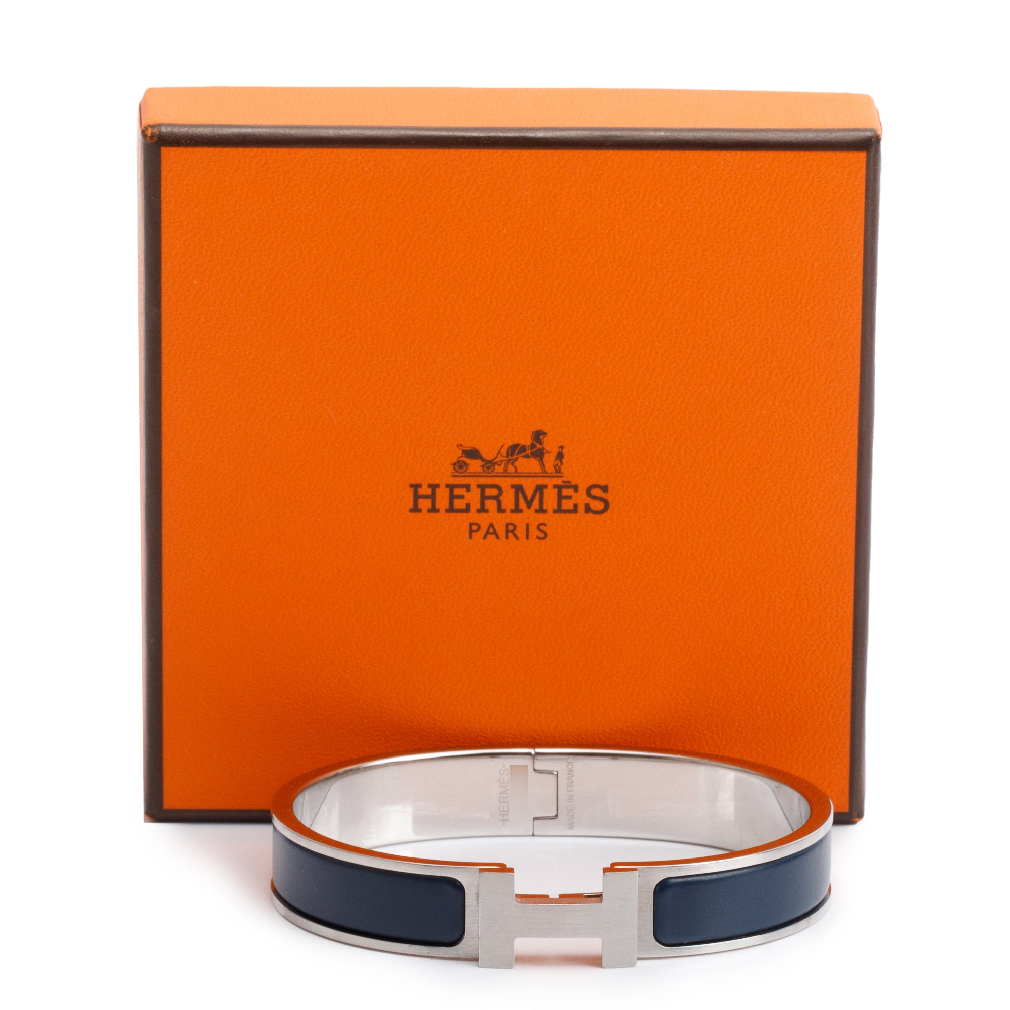 Hermes Palladium Plated Navy Matte Enamel 12 MM Clic HH Bracelet w/ Box