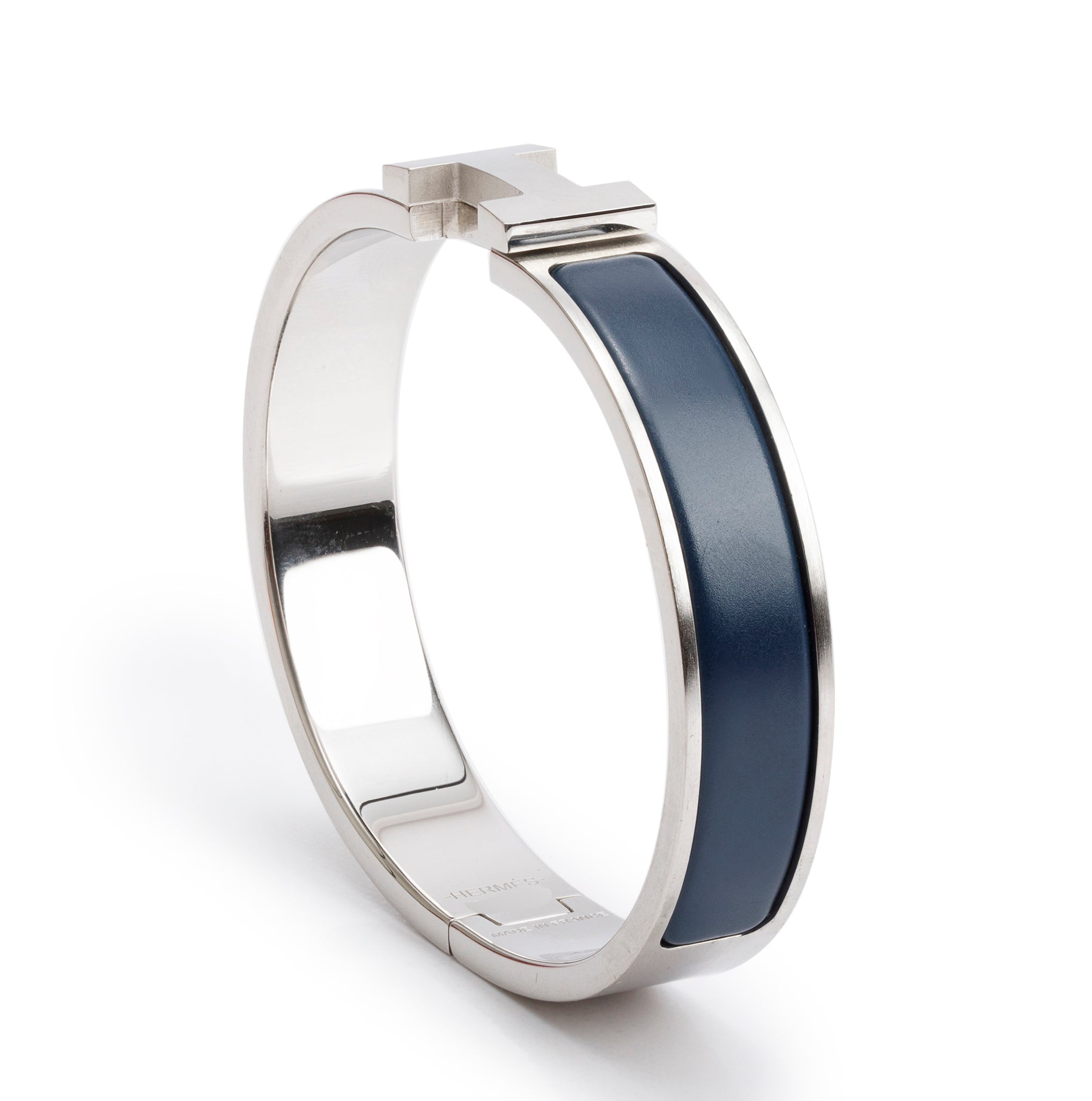Hermes Palladium Plated Navy Matte Enamel 12 MM Clic HH Bracelet w/ Box