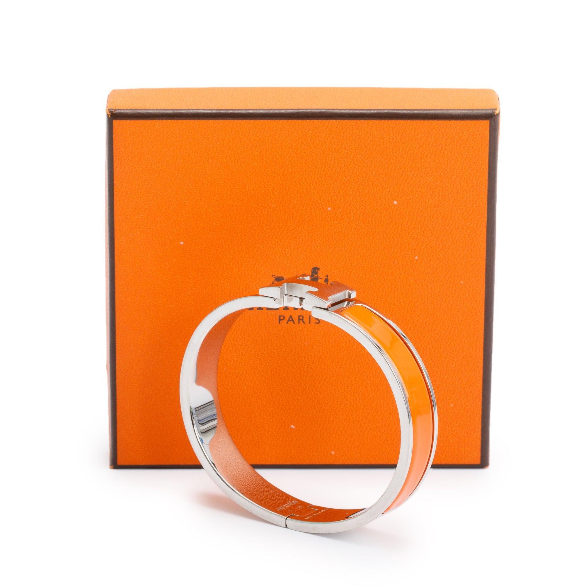 Hermes Palladium-Plated Orange Enamel Clic H Bracelet w/ Box