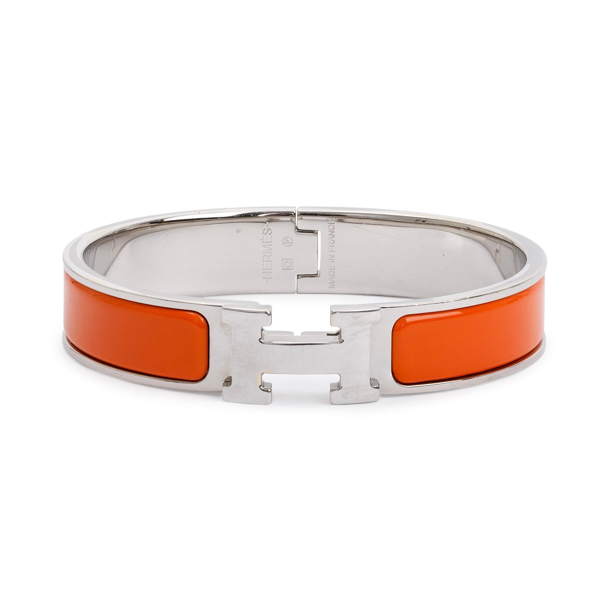 Hermes Palladium-Plated Orange Enamel Clic H Bracelet