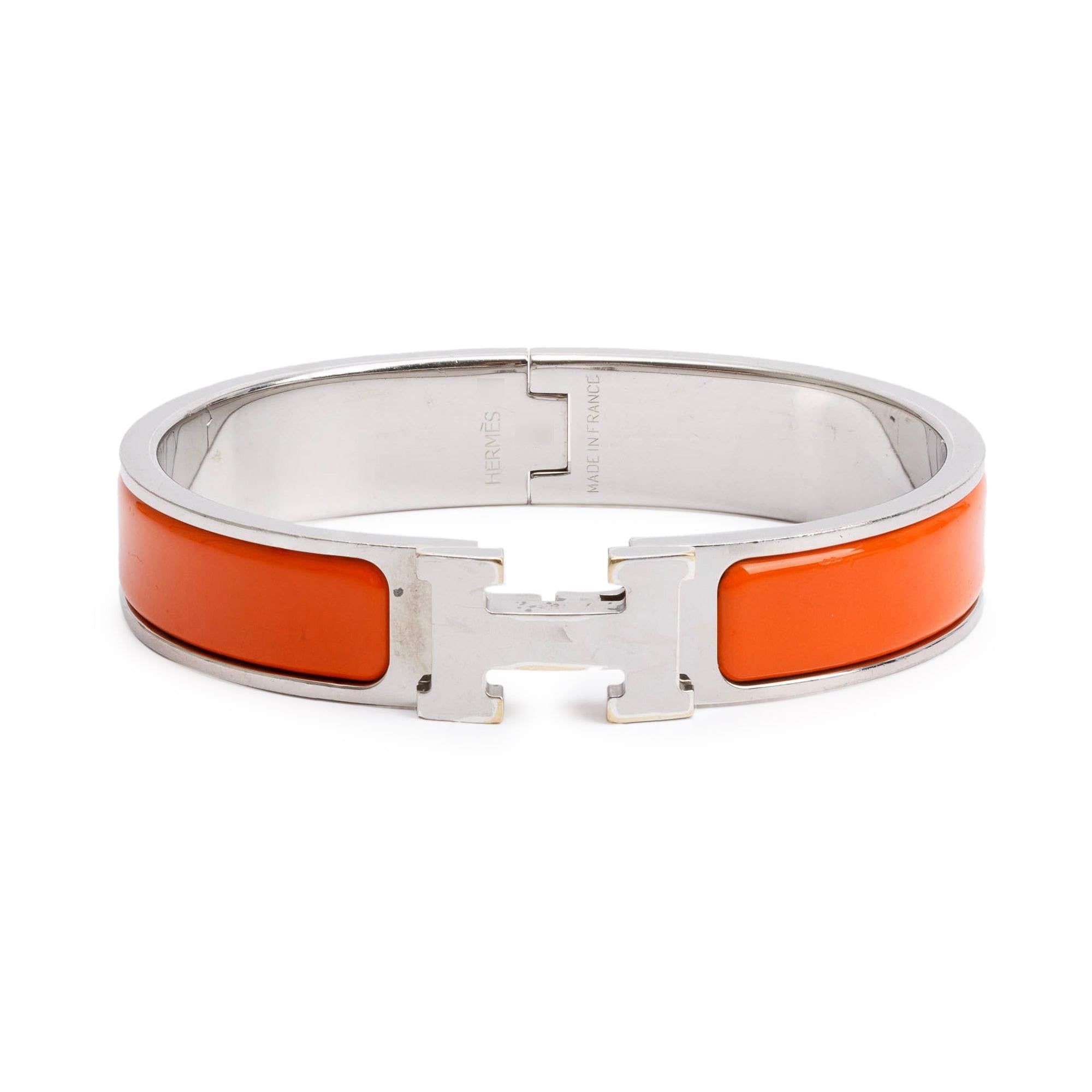 Hermes Palladium-Plated Orange Enamel Clic H Bracelet