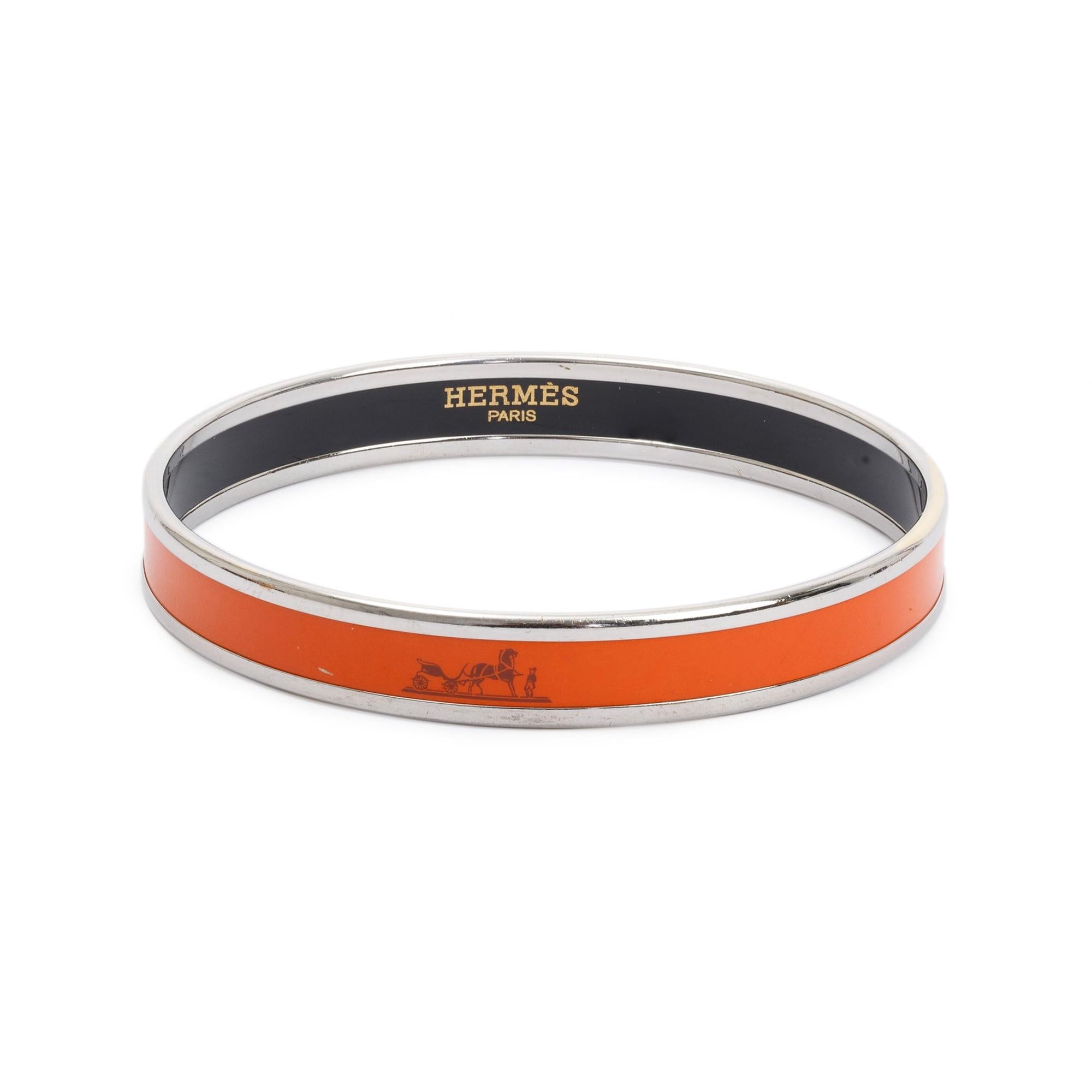 Hermes Palladium-Plated Orange Enamel Narrow Bangle