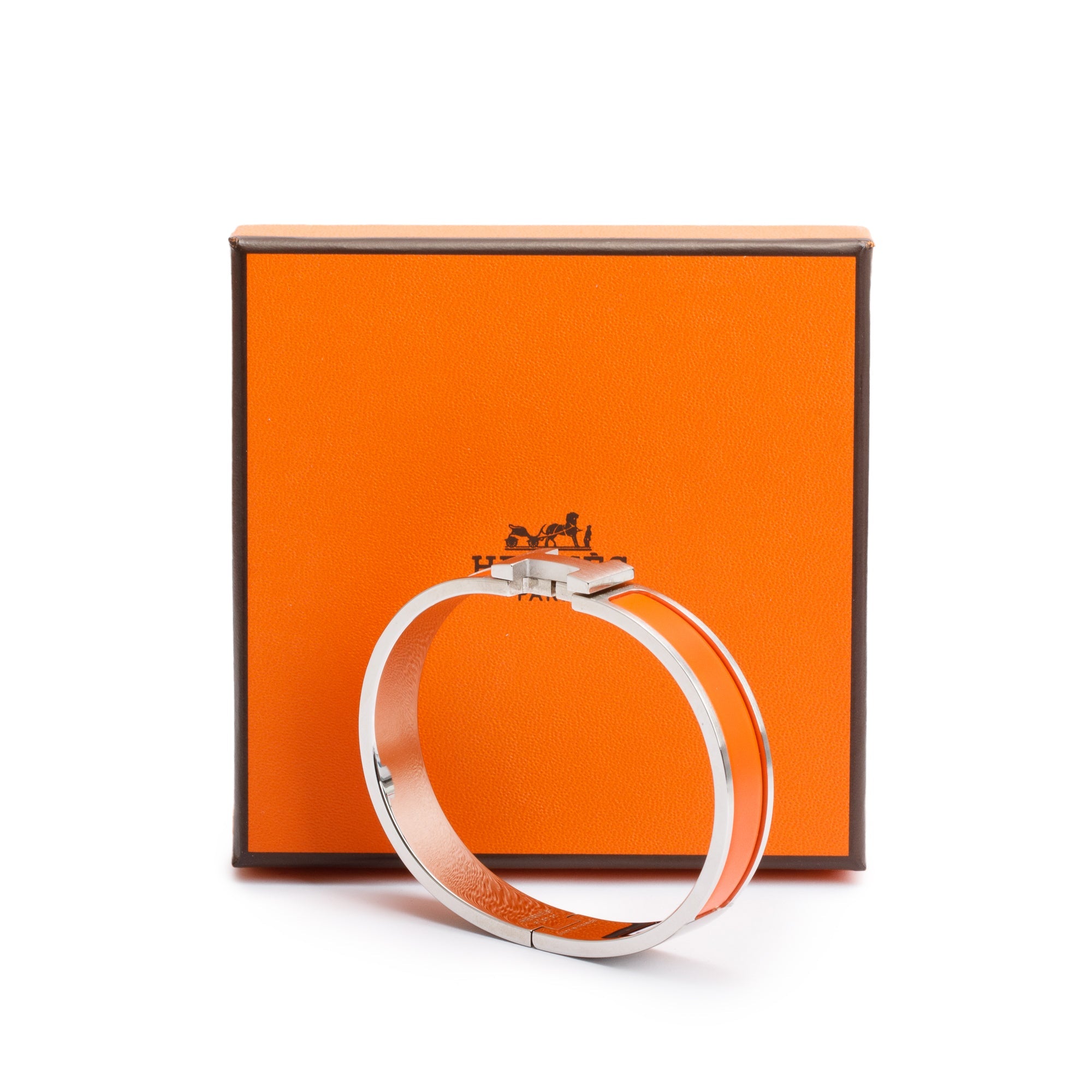 Hermes Palladium Plated Orange Matte Enamel 12 MM Clic HH Bracelet w/ Box