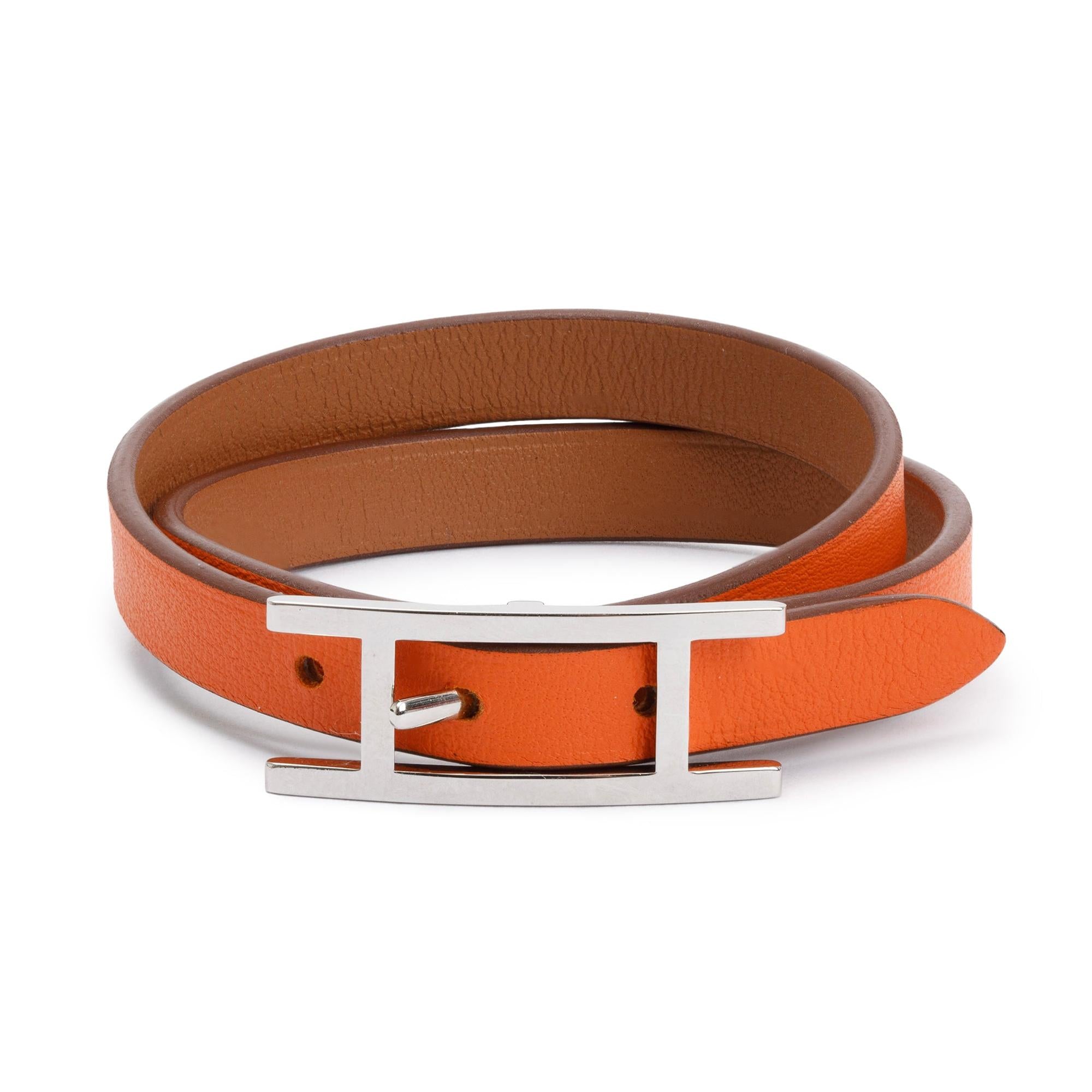 Hermes Palladium Plated Orange/Gold Swift Leather Behapi Double Tour Bracelet w/ Box & Receipt