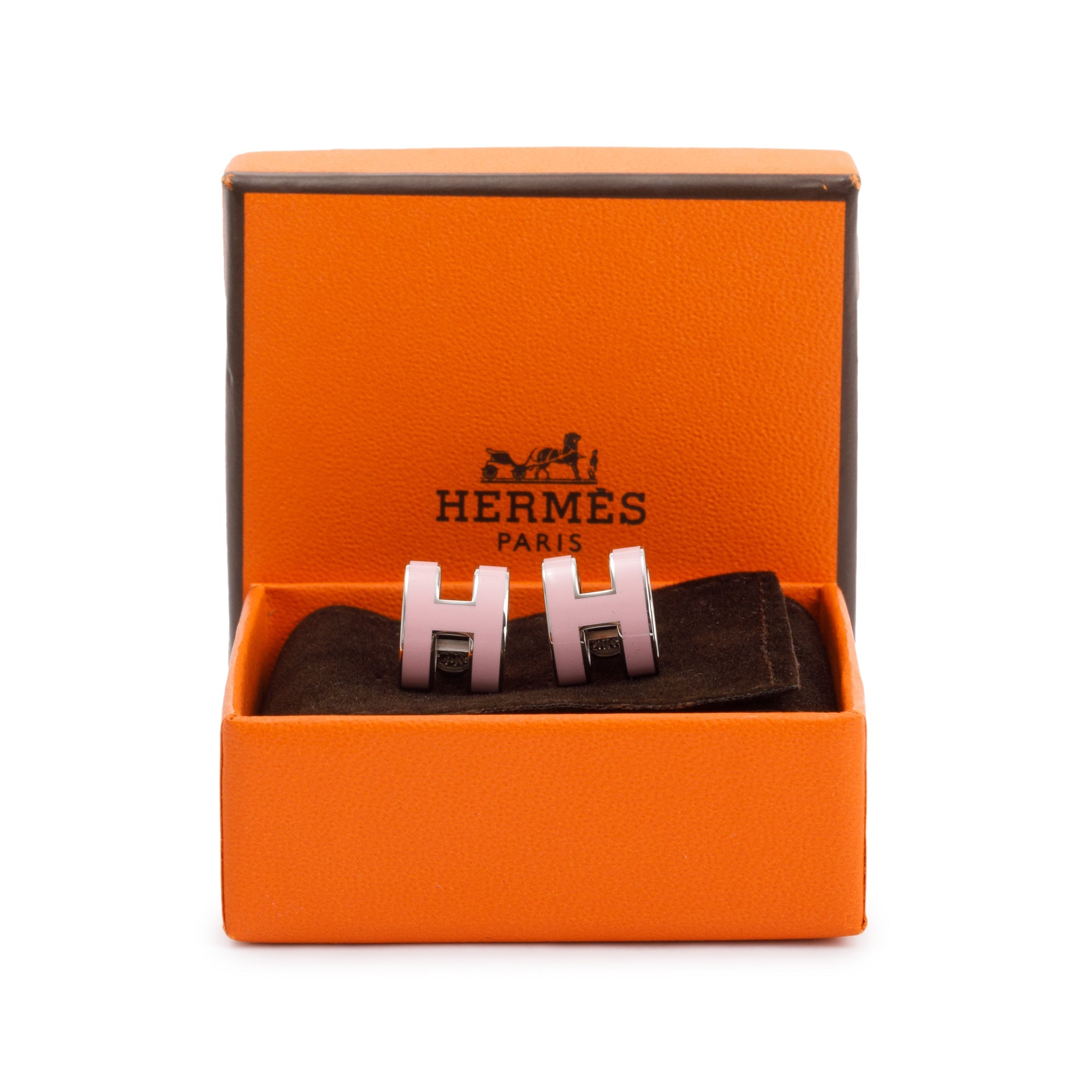 Hermes Palladium Plated Pink Lacquered Pop H Earrings w/ Box