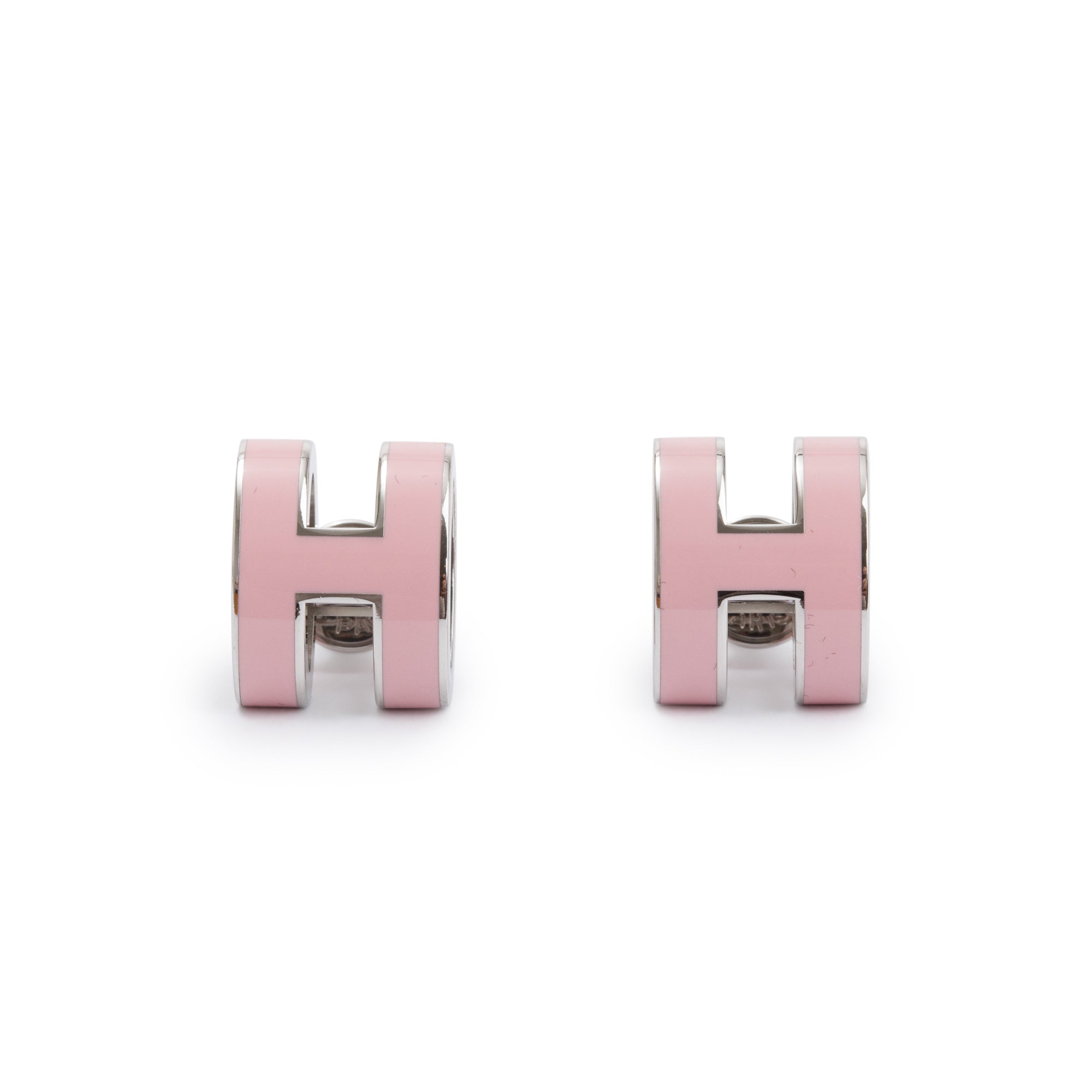 Hermes Palladium Plated Pink Lacquered Pop H Earrings w/ Box