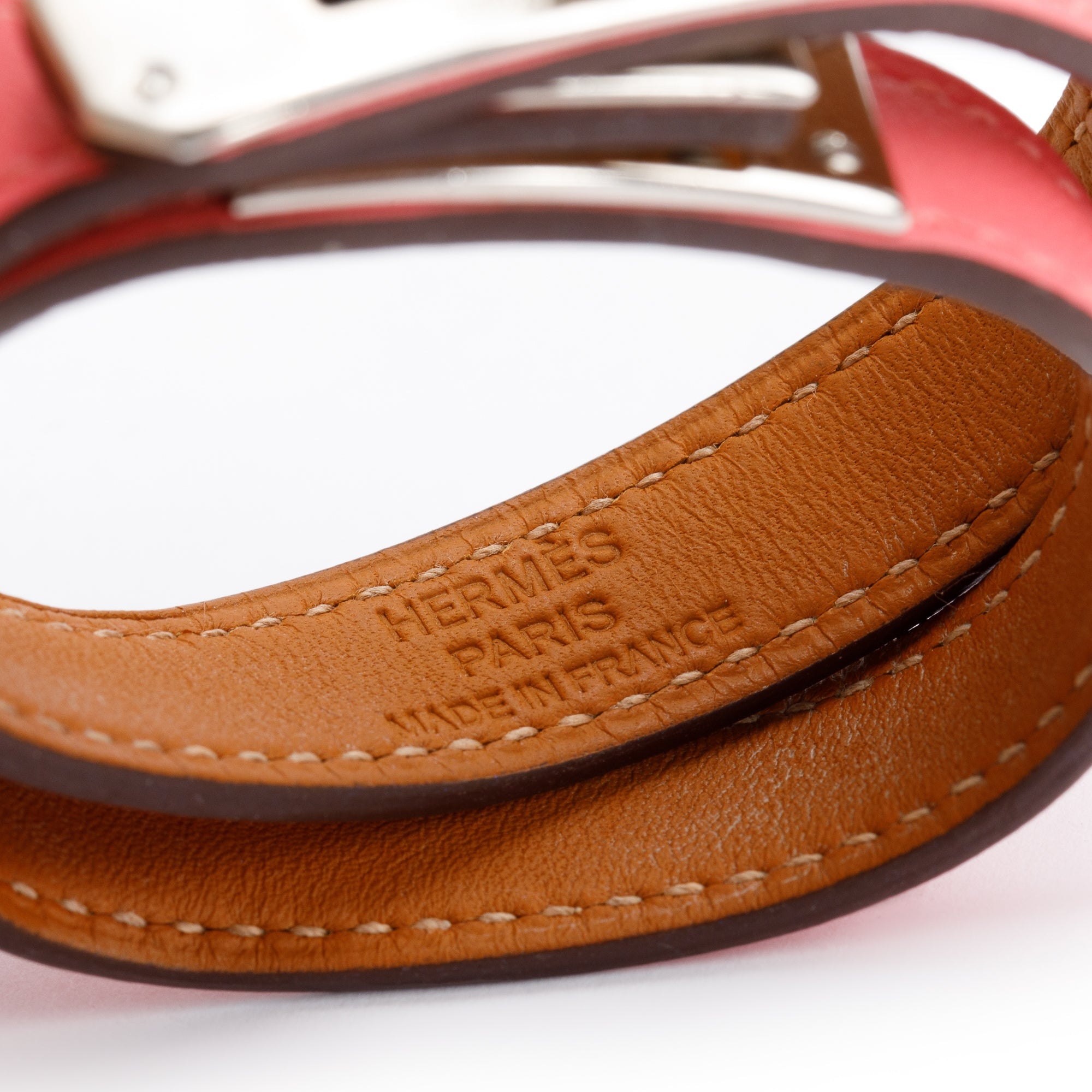 Hermes Palladium Plated Pink Leather Kelly Double Tour Bracelet, Size XS