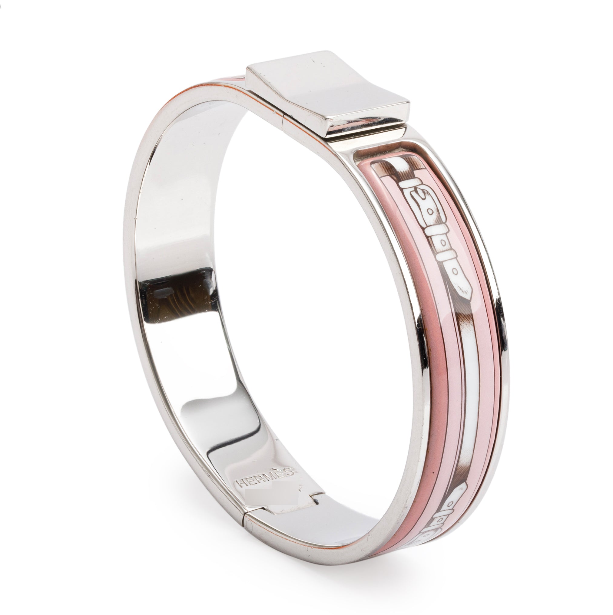 Hermes Palladium Plated Pink Printed Enamel Loquet Narrow Bracelet