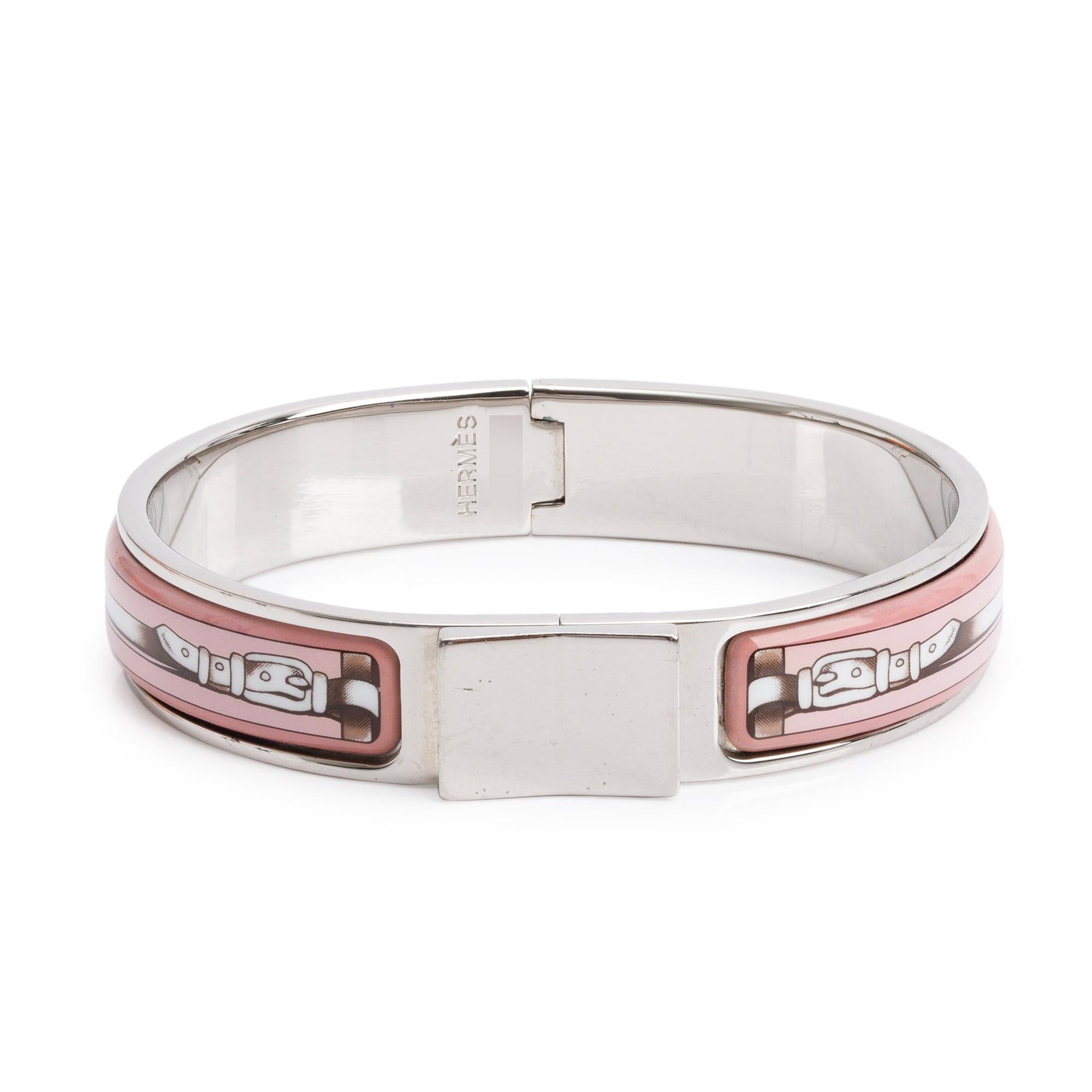 Hermes Palladium Plated Pink Printed Enamel Loquet Narrow Bracelet