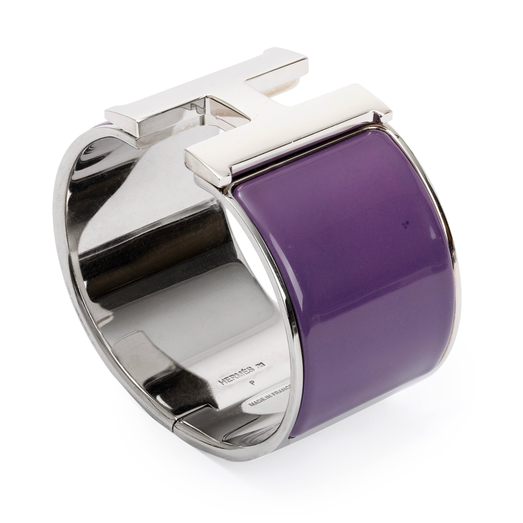 Hermes Palladium-Plated Purple Enamel Clic H XL Bracelet w/ Box