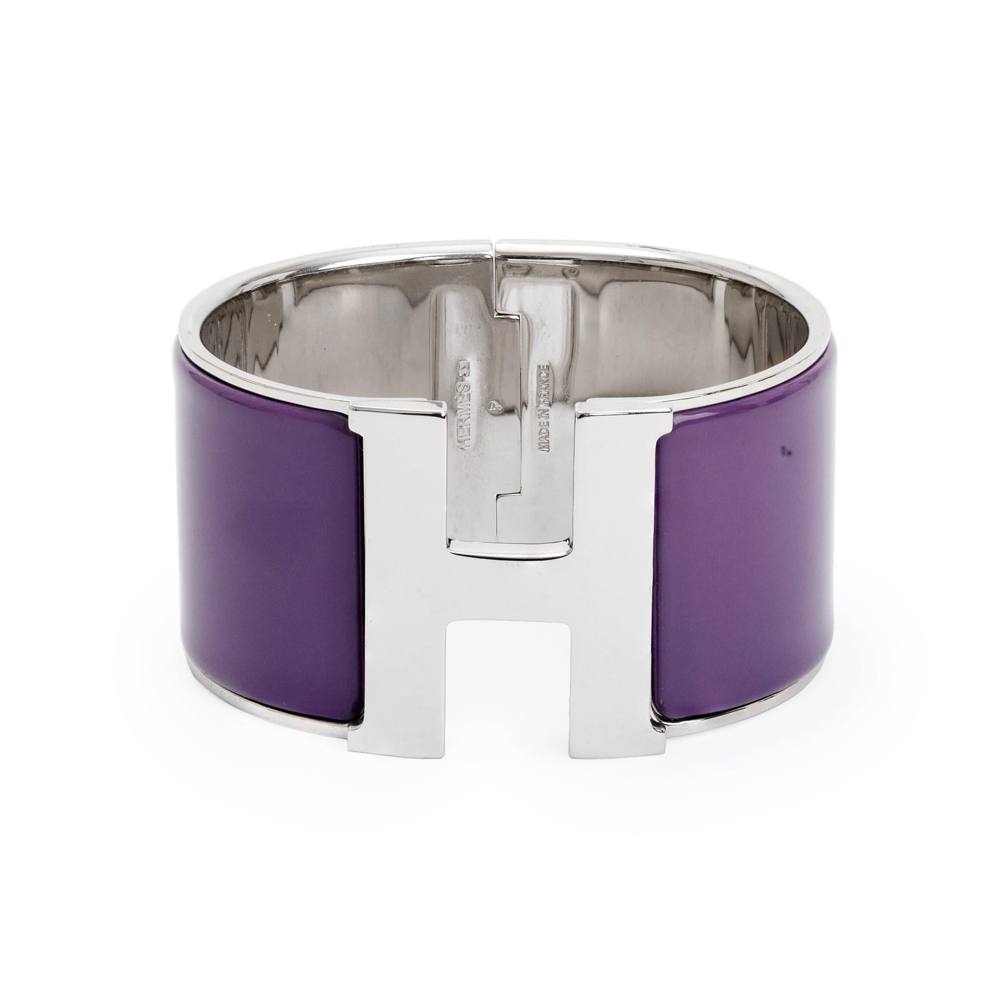 Hermes Palladium-Plated Purple Enamel Clic H XL Bracelet w/ Box