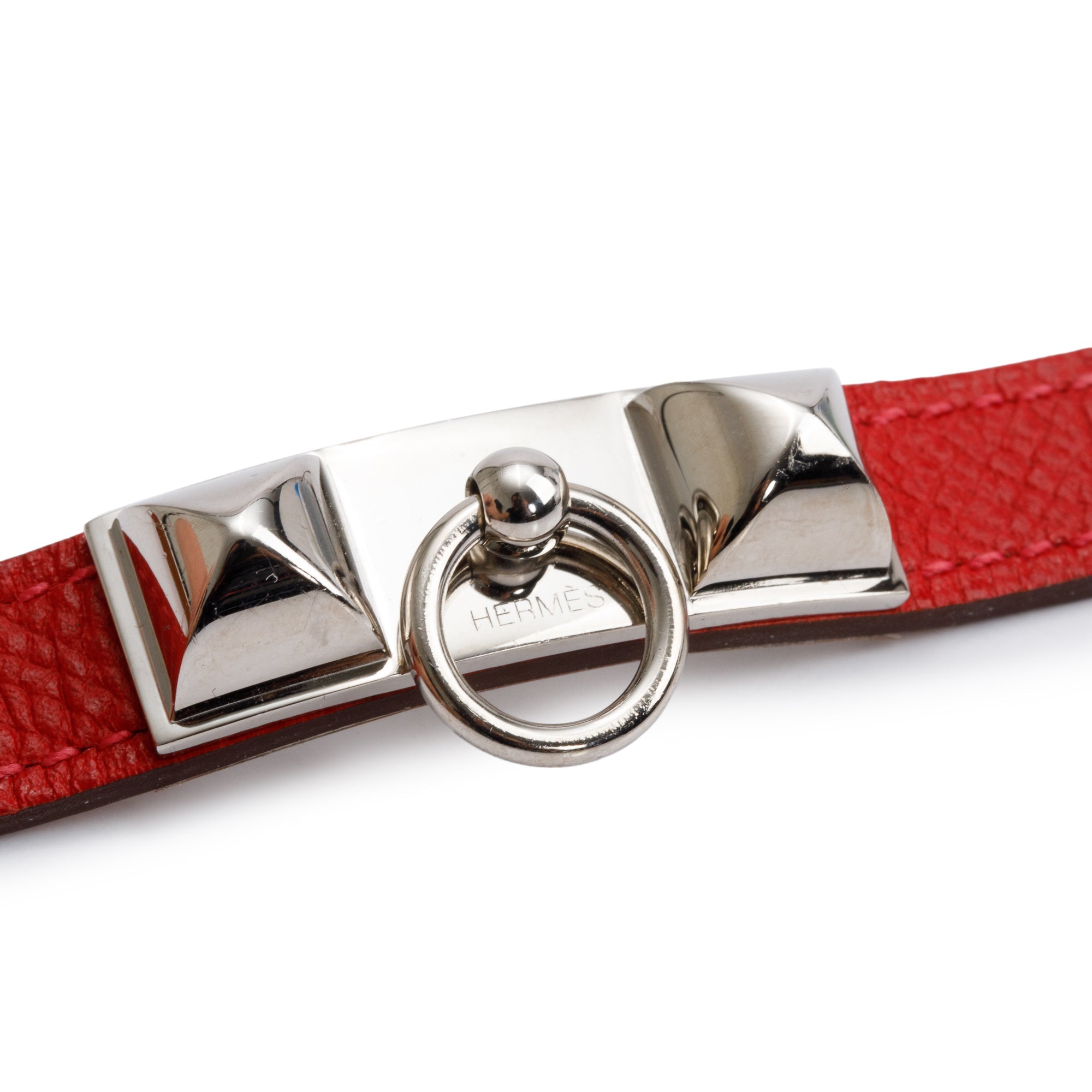 Hermes Palladium Plated Rivale Double Tour Red Leather Bracelet, Size XS