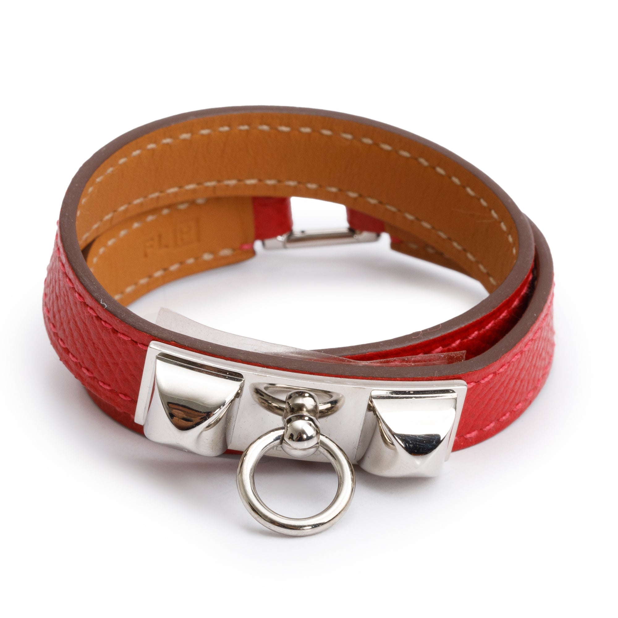 Hermes Palladium Plated Rivale Double Tour Red Leather Bracelet, Size XS