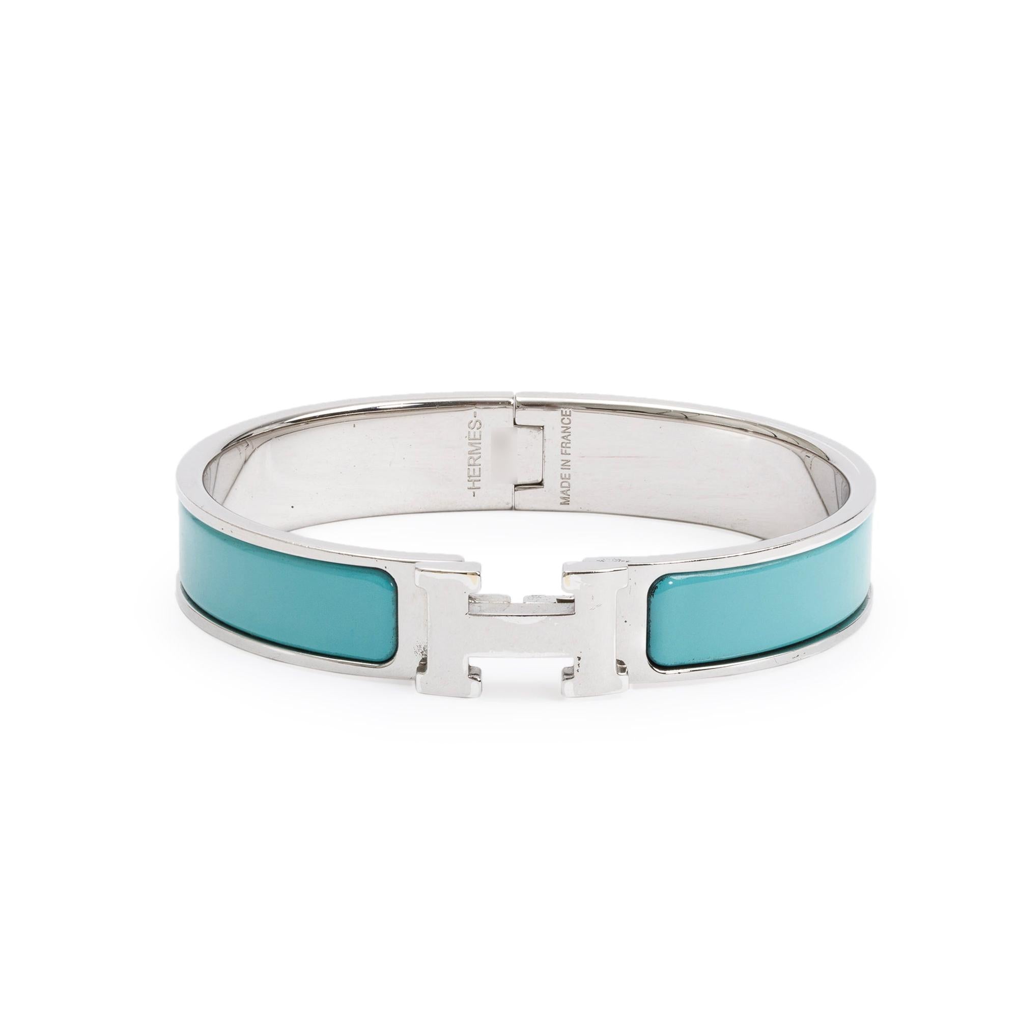 Hermes Palladium Plated Turquoise Enamel 12 MM Clic H Bracelet