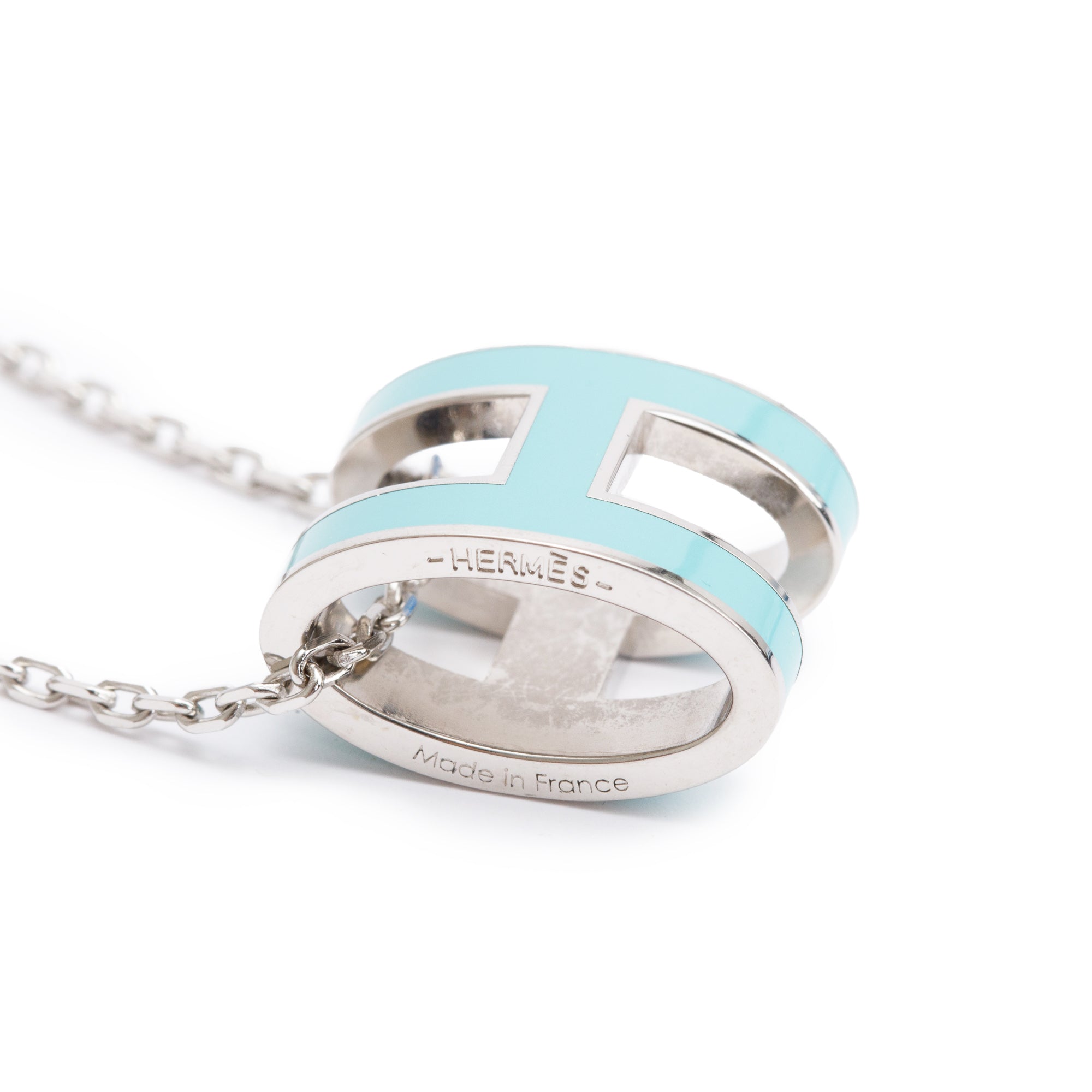 Hermes Palladium-Plated Turquoise Lacquered Pop H Pendant Necklace