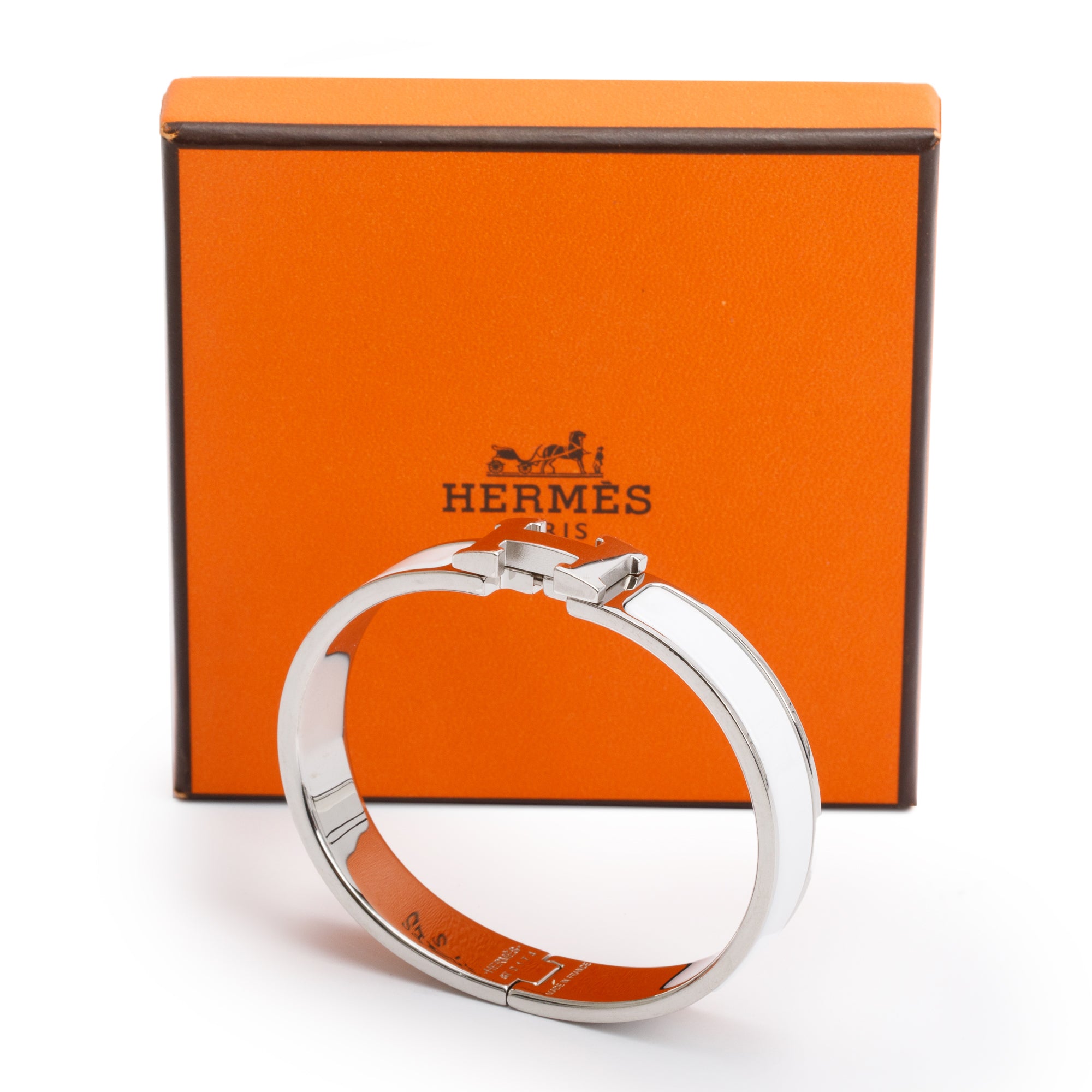 Hermes Palladium Plated White Enamel 12 MM Clic H Bracelet w/ Box