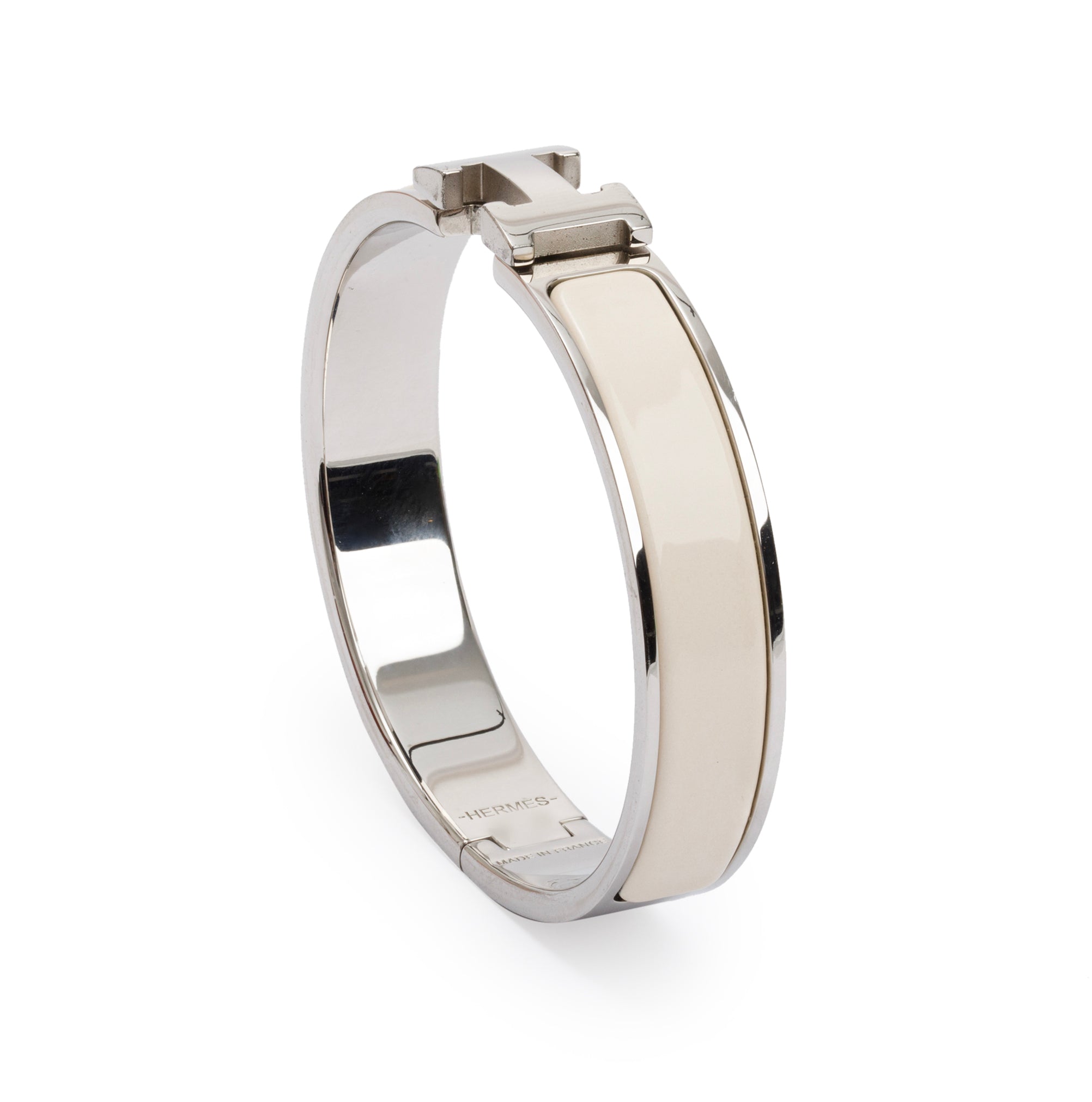 Hermes Palladium Plated White Enamel 12 MM Clic H Bracelet w/ Box