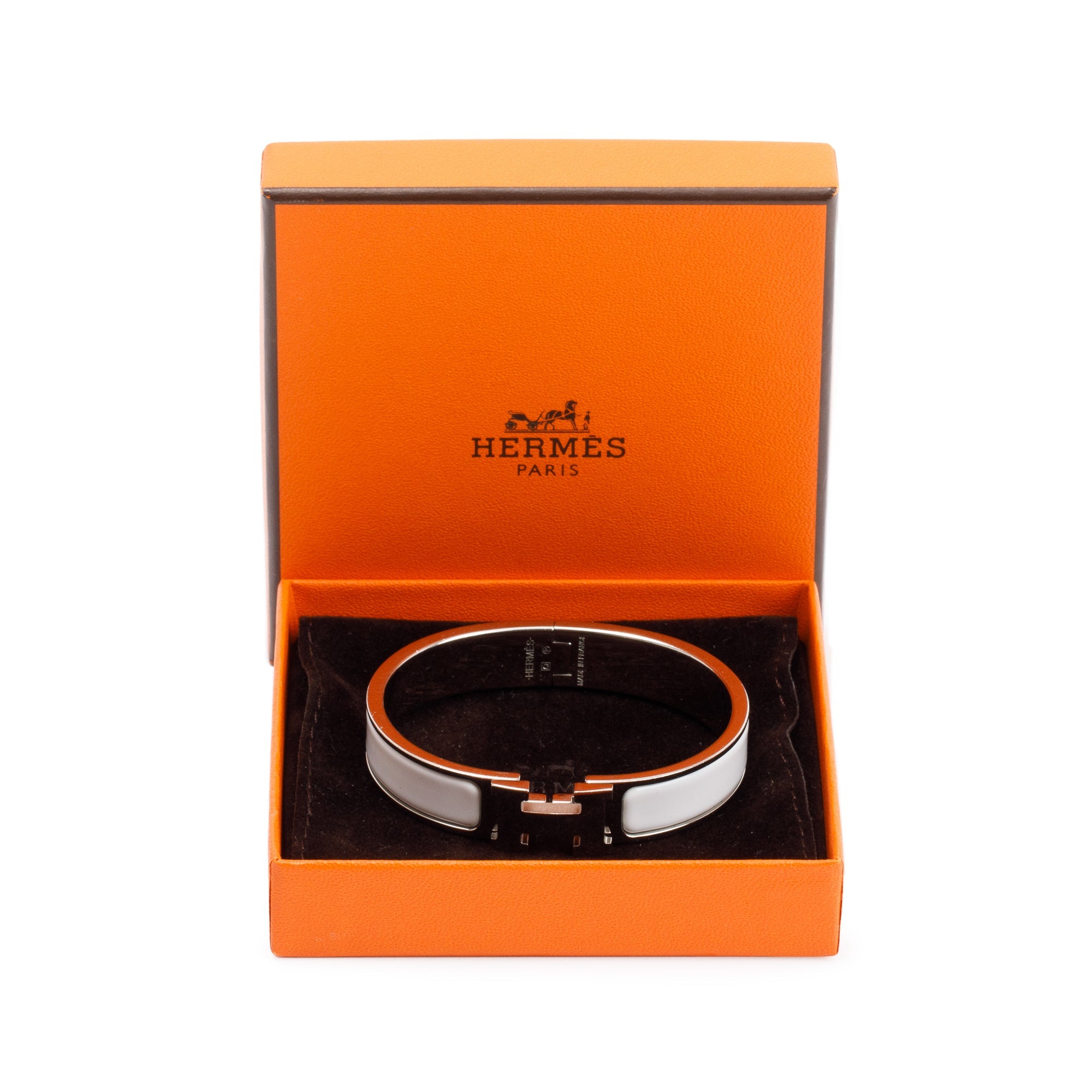 Hermes Palladium Plated White Enamel 12 MM Clic H Bracelet w/ Box