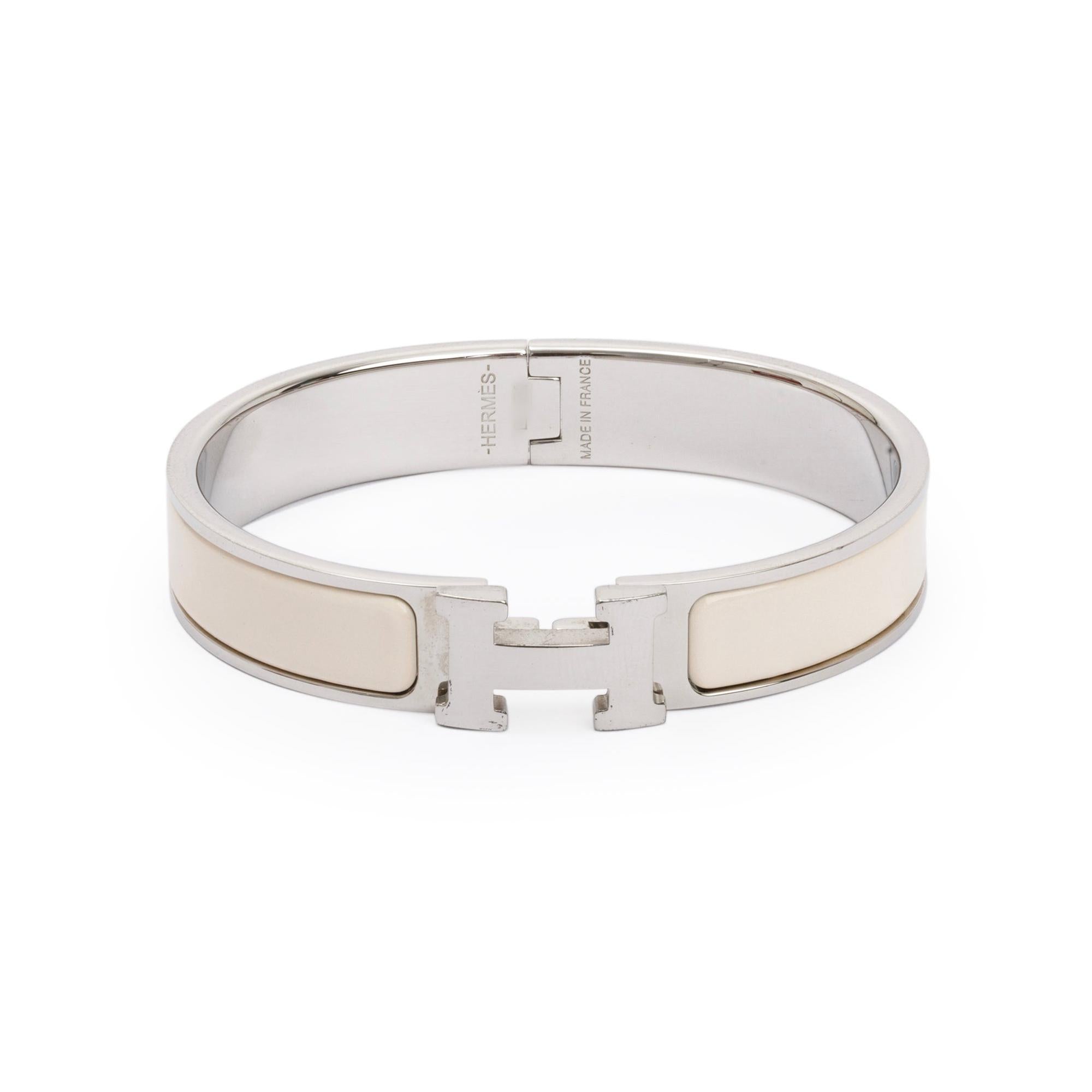 Hermes Palladium Plated White Enamel 12 MM Clic H Bracelet w/ Box