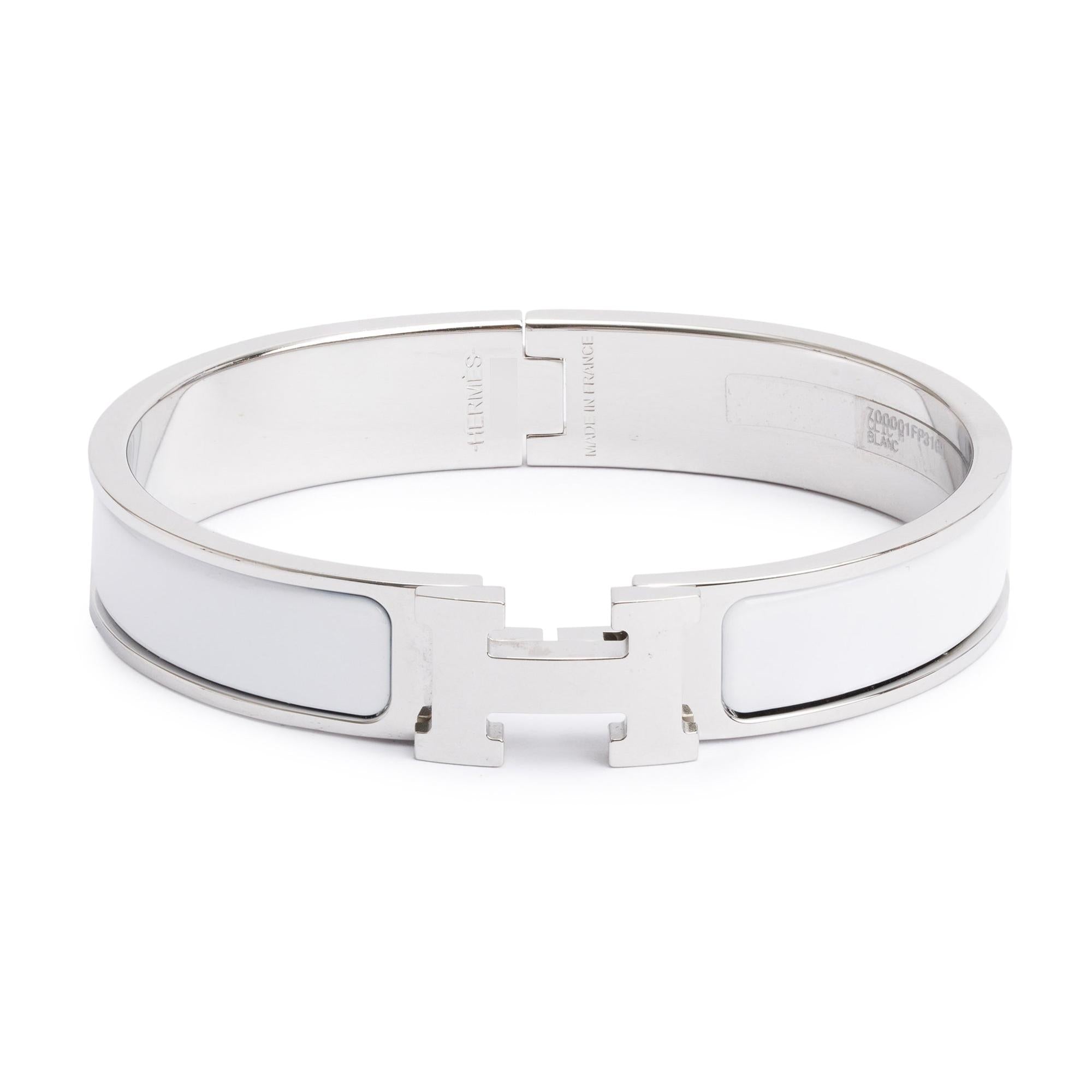 Hermes Palladium Plated White Enamel 12 MM Clic H Bracelet w/ Box