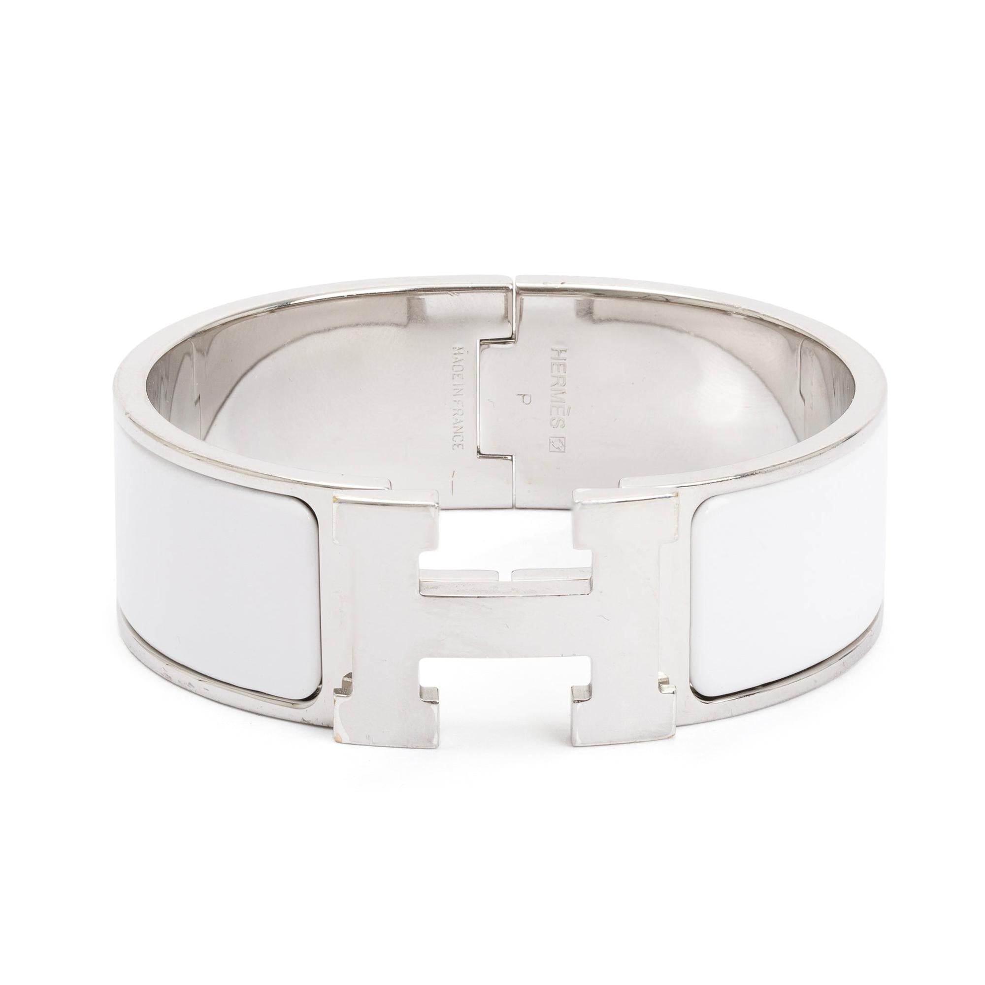 Hermes Palladium-Plated White Enamel Clic Clac H Bracelet w/ Box